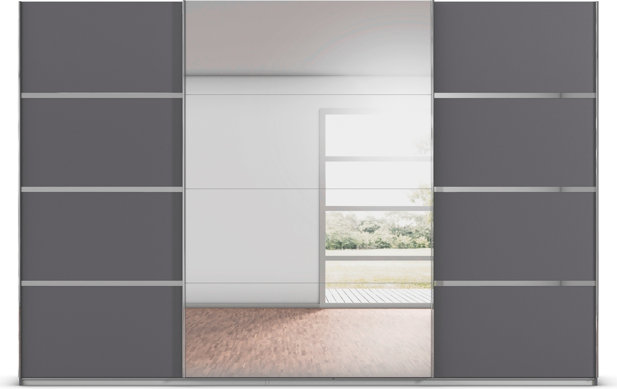 rauch Kleiderschrank »Schwebetürenschrank Garderobe Schrank TOP ANGEBOT Avola«, (in 3 verschiedenen Ausstattungen BASIC/CLASSIC/PREMIUM inkl. Spiegel), mit eleganten Zierleisten in Chrom, Schwarz oder Weiß MADE IN GERMANY