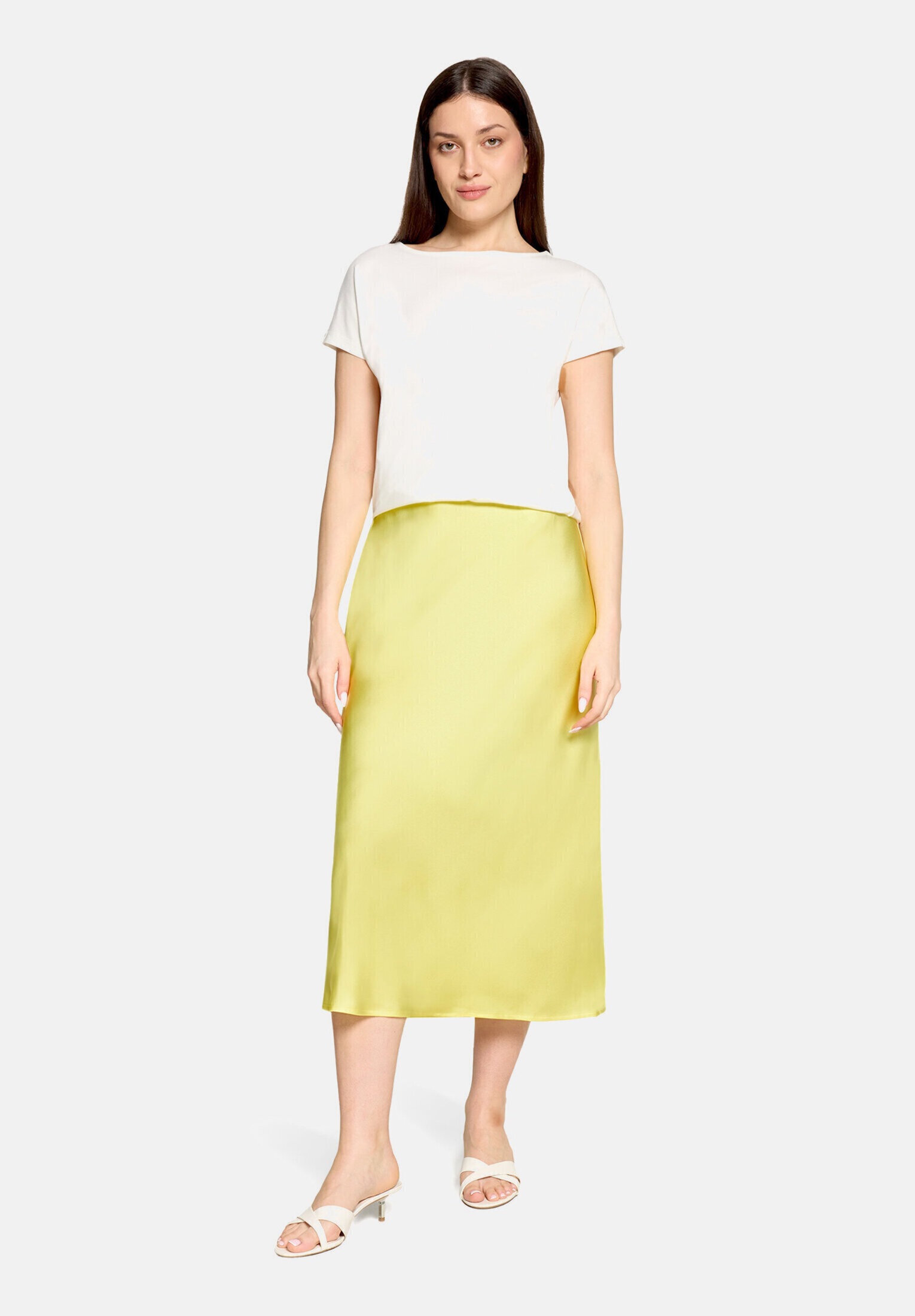 "Maxirock BETTY BARCLAY ""Damen unifarben"", Damen, Gr. 38, gelb, Satin, Obermaterial: 100% Polyester, ausgestellt lang, Röcke Maxirock"