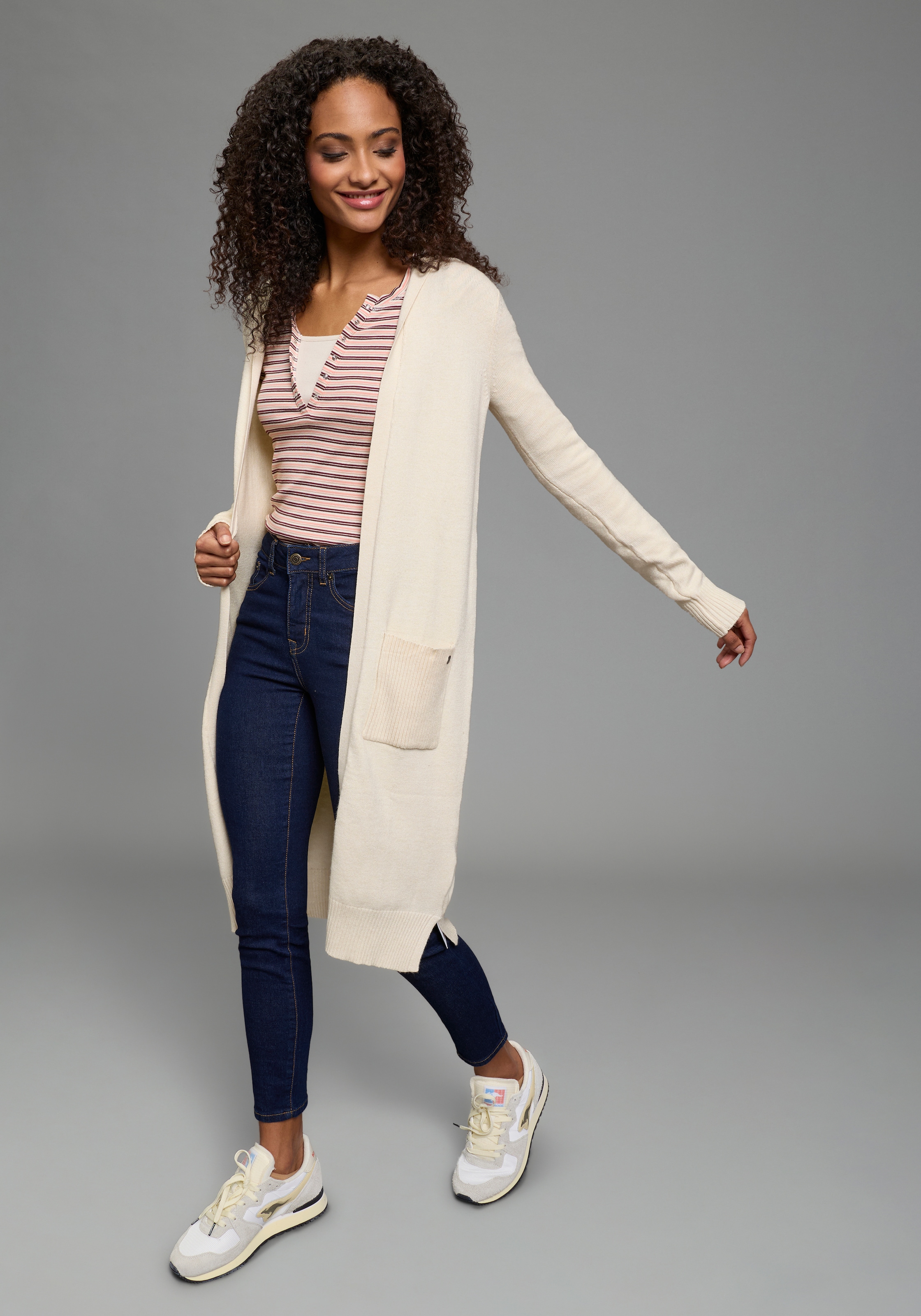 KangaROOS Longstrickjacke in offener Long-Form mit Kapuze