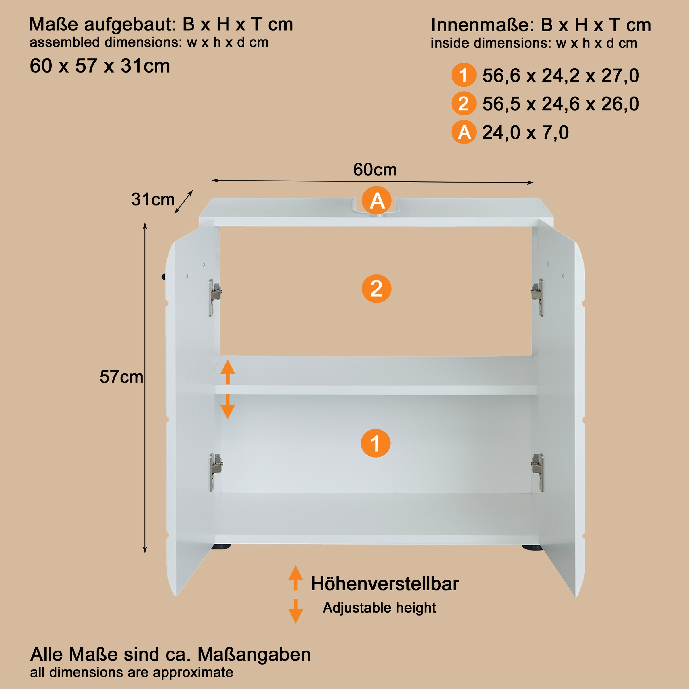 welltime Waschbeckenunterschrank »Sovana«, Waschtisch mit verstellbarem Fach - Maße (B/T/H) 60/31/56 cm