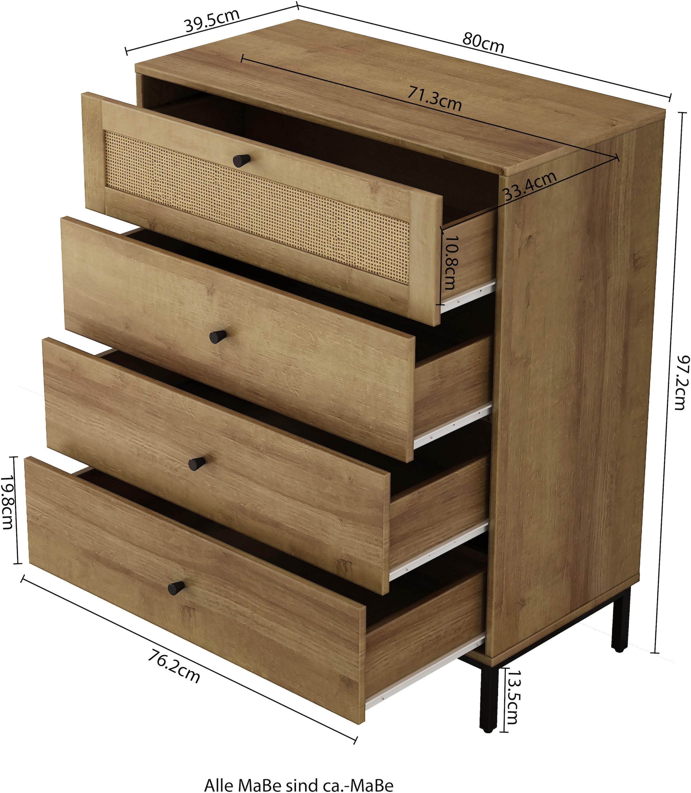 OTTO home Kombikommode »Motala Sideboard Wäscheschrank im BOHO Design Bestseller Kommode« Eichen-Design mit Geflecht Schublade und schwarzen Griffen, 