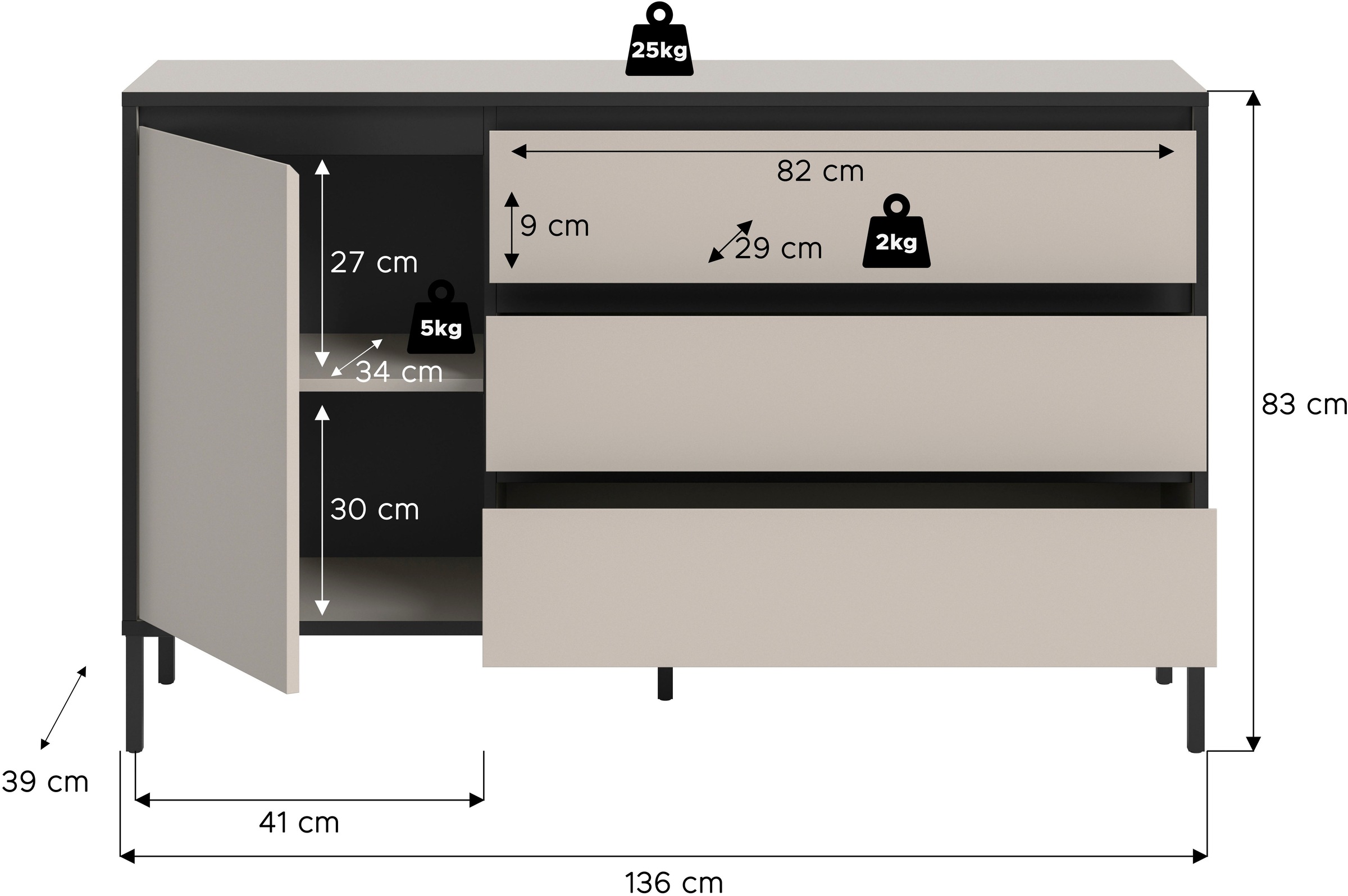 INOSIGN Sideboard »NORT, Breite: 136cm, mit Metall Stabfuß, 1 Tür, 3 Schubkästen«, Anrichte, Kommode, Schrank, Board, Higboard