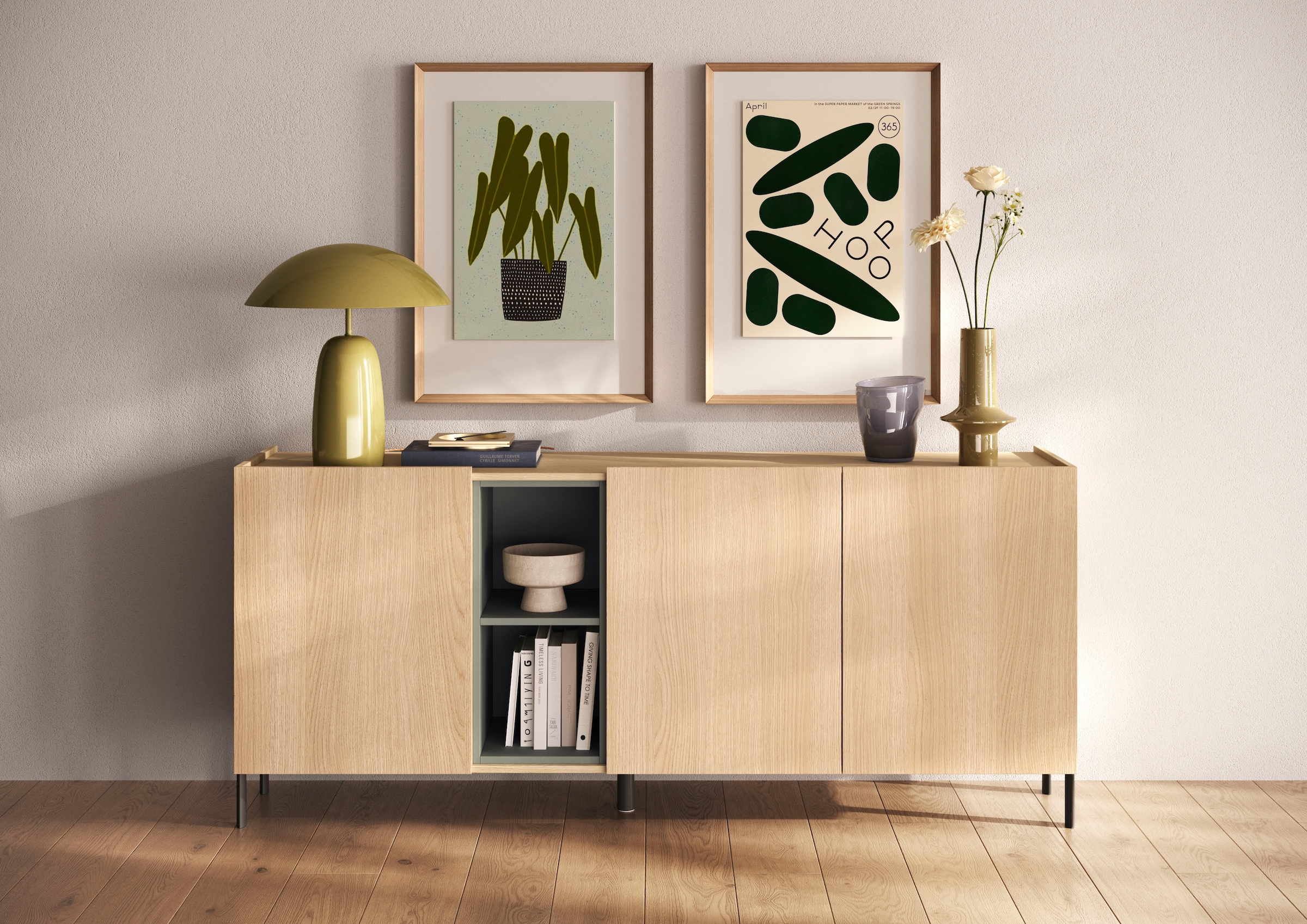 OTTO home Sideboard »Badia, 182 cm breit, 2 Türen, Anrichte, Kommode, Stauraumschrank« Innenliegendes Top, gerade Metallfüße, salbeigrüne Farbakzente
