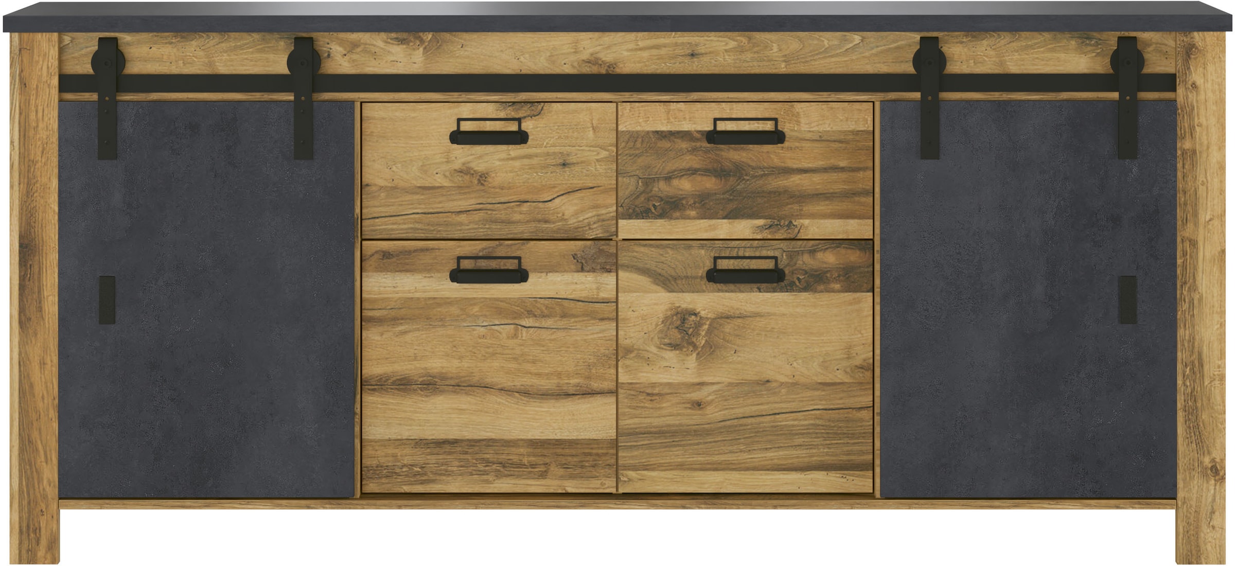 Home affaire Sideboard »York, moderner Schrank, Kommode in Hunton Oak Dekor, Industrialdesign«, mit Scheunentorbeschlägen & Apothekergriffen aus Metall, 201 cm breit