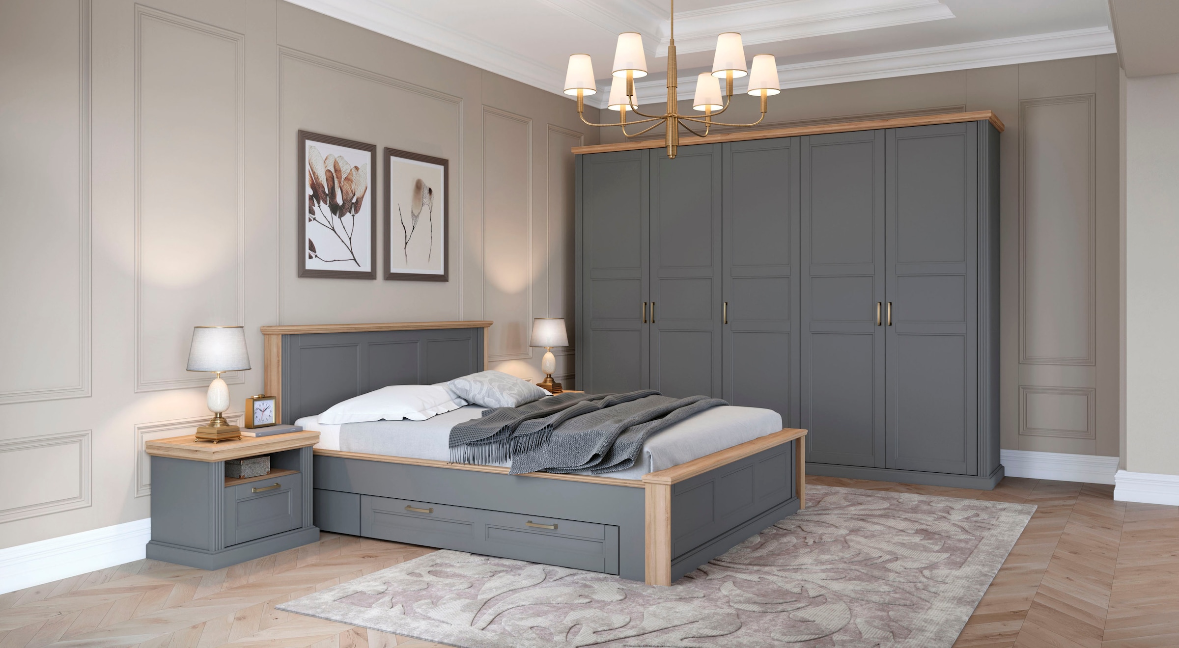 Home affaire Kleiderschrank »Tara, wahlweise 4 Breiten, hoher Schrank 227cm, soft-close-Funktion«, (Landhausstil mit Kranzprofil und Kasettenoptik, Innen Holzdekor), lackiert mit hochwertigen wasserbasiertem UV-Lack, FSC-zertifiziert