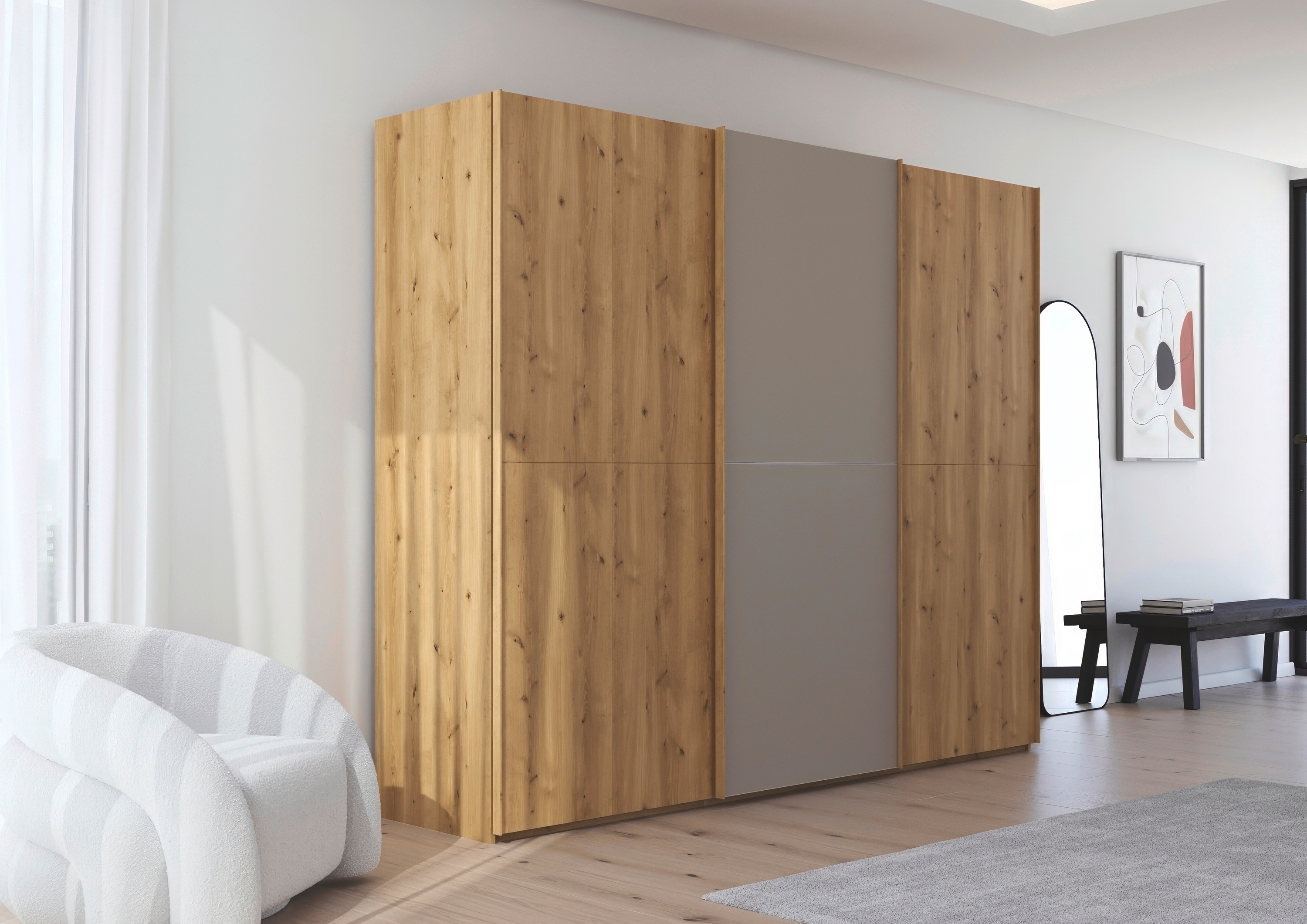 Thumbnail - rauch Schwebetürenschrank "Kleiderschrank Schrank Garderobe Schlafzimmerschrank SCALE-WOOD", edle geteilte Front in mass...