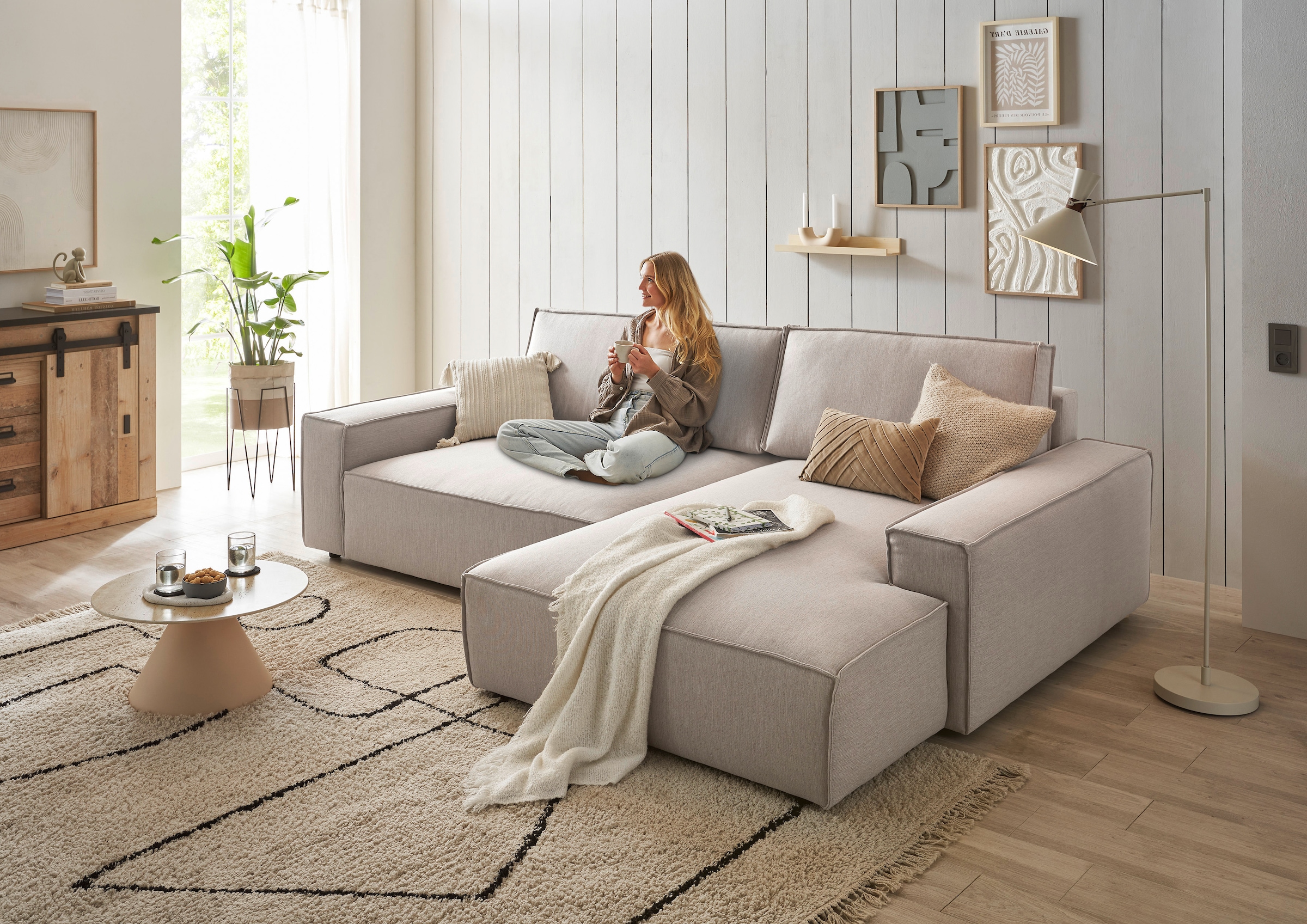 Home affaire Ecksofa »NEU: SHERWOODL XXL 284, Big-Sofa L-Form, tiefe Sitzfläche 95 cm, Cord,«, Leinenoptik, Recamiere rechts/links, auch als Schlafsofa stellbar