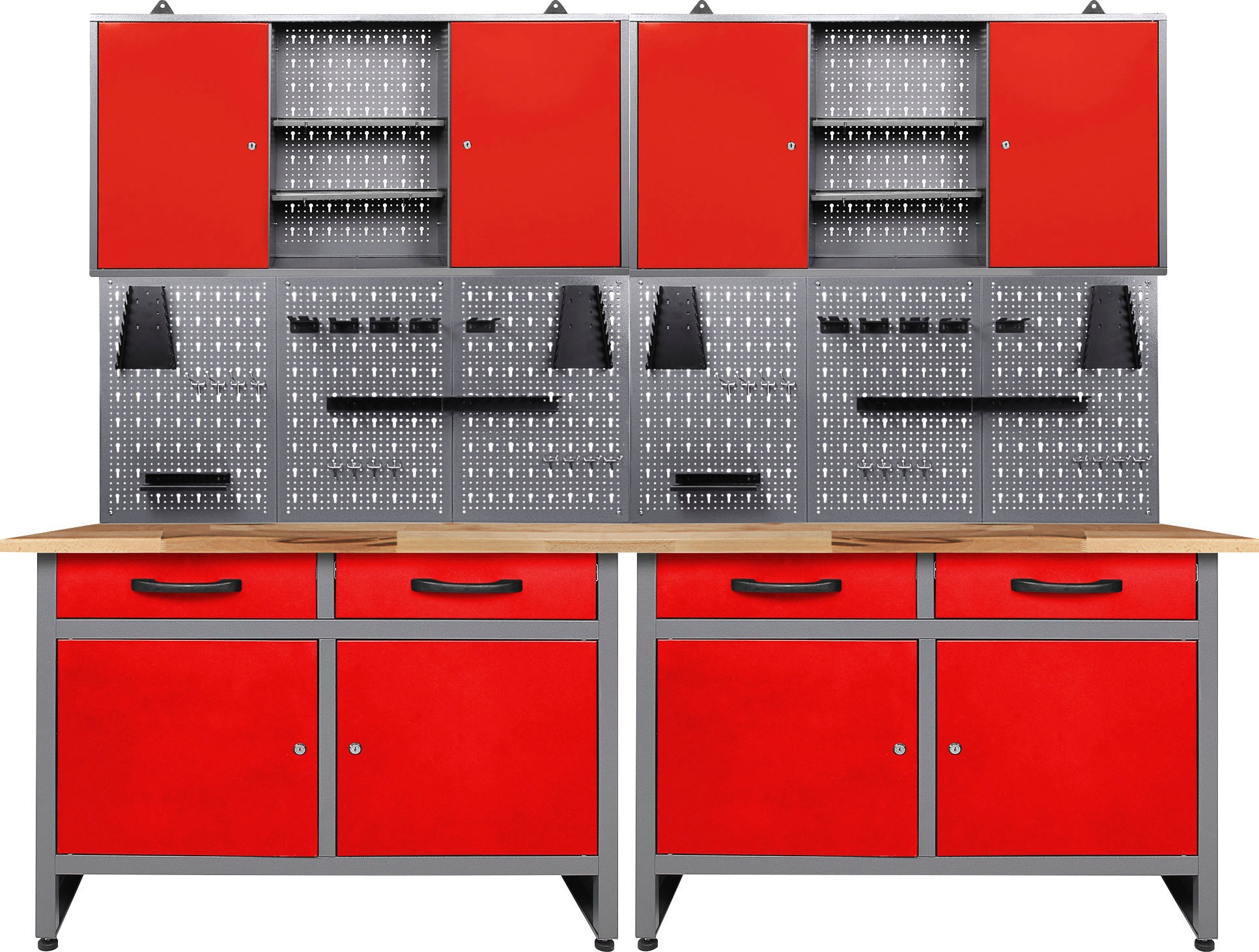 ONDIS24 Werkstatt-Set, B:240cm H:205cm T:60cm, rot, Werkbänke, 240 cm