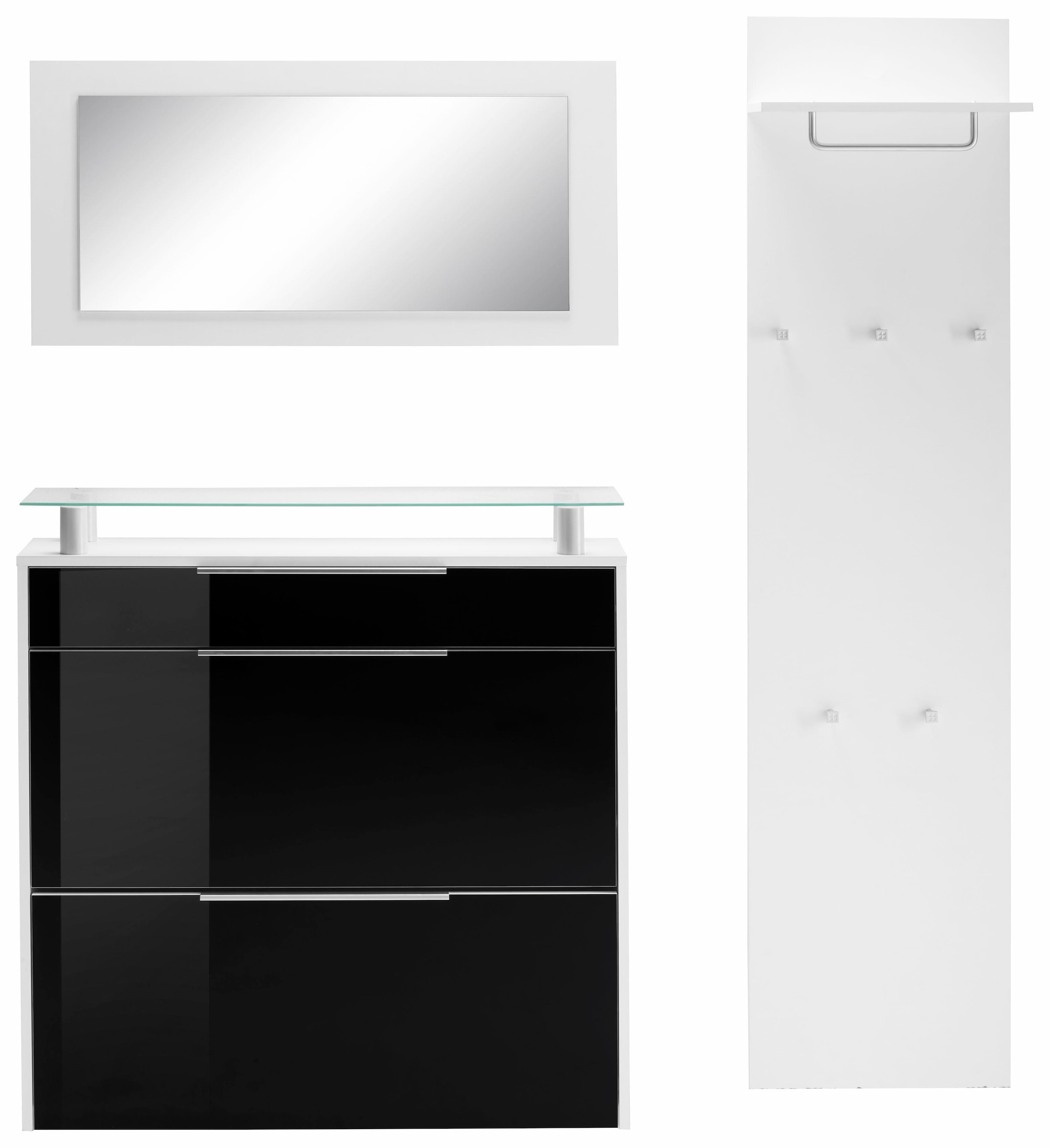 Garderoben-Set BORCHARDT MÖBEL, schwarz, Flur, Kastenmöbel-Sets, "Oliva", (3-tlg), mit hängendem Schuhschrank, Paneel und Spiegel