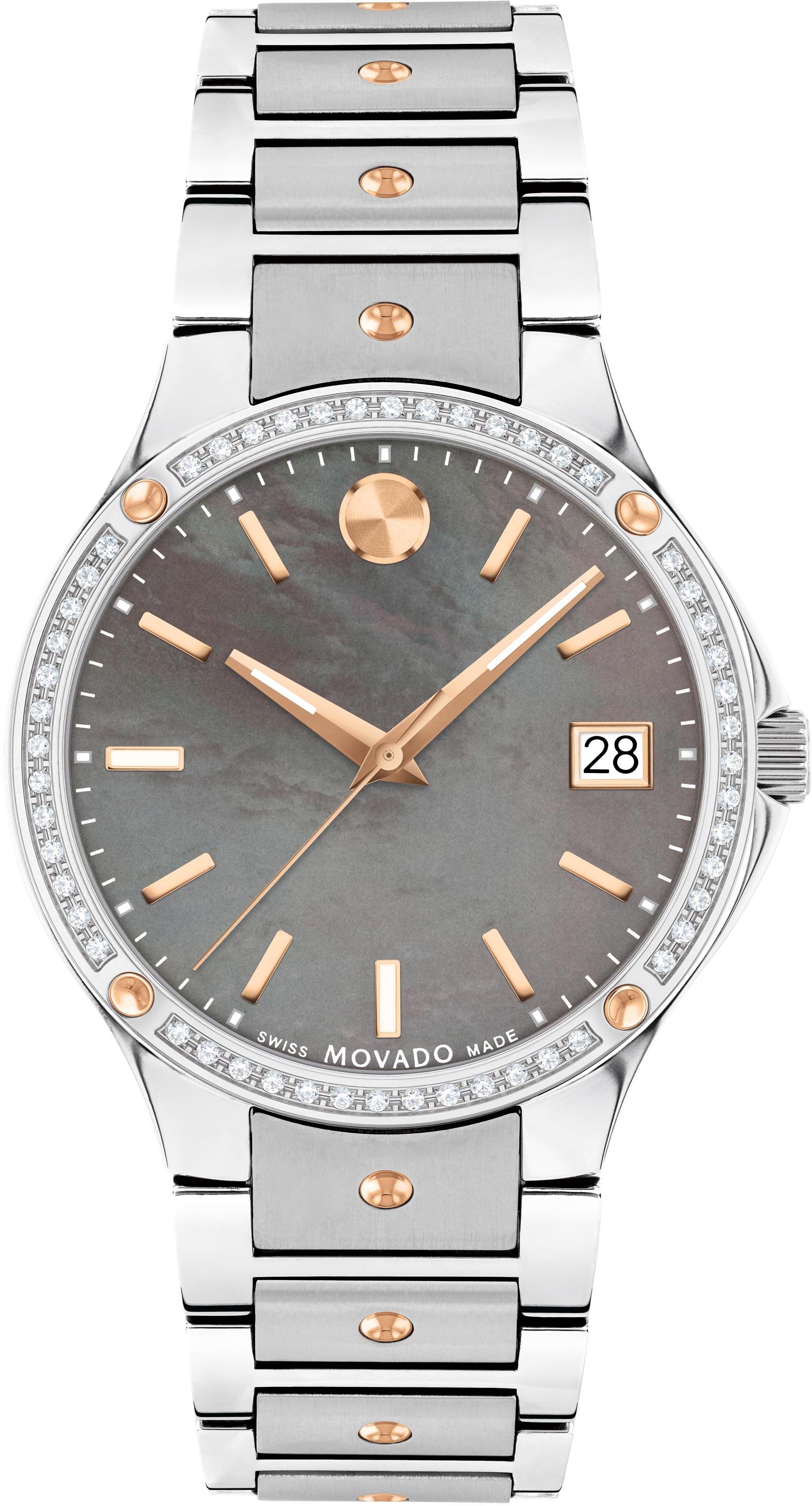 MOVADO Schweizer Uhr »SE Quarz, 0607706«, Quarzuhr, Armbanduhr, Damenuhr, Swiss Made, mit Diamanten, Perlmutt