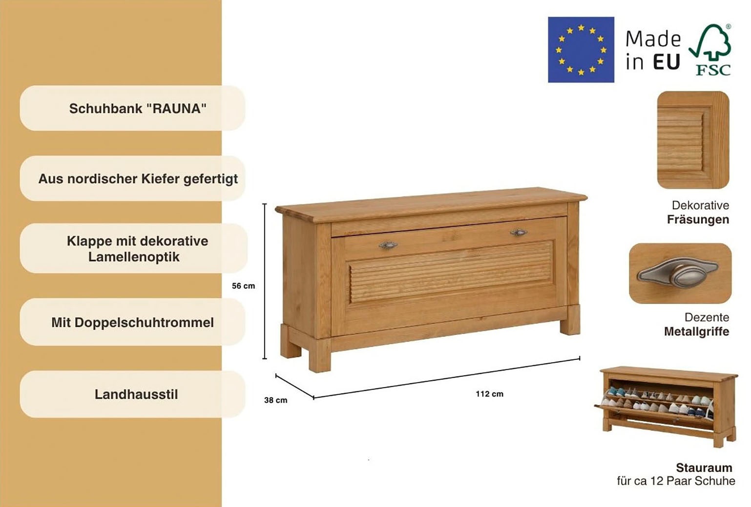 Home affaire Schuhbank »Rauna«, Aus massiver Kiefer, mit dekorativen Fräsungen