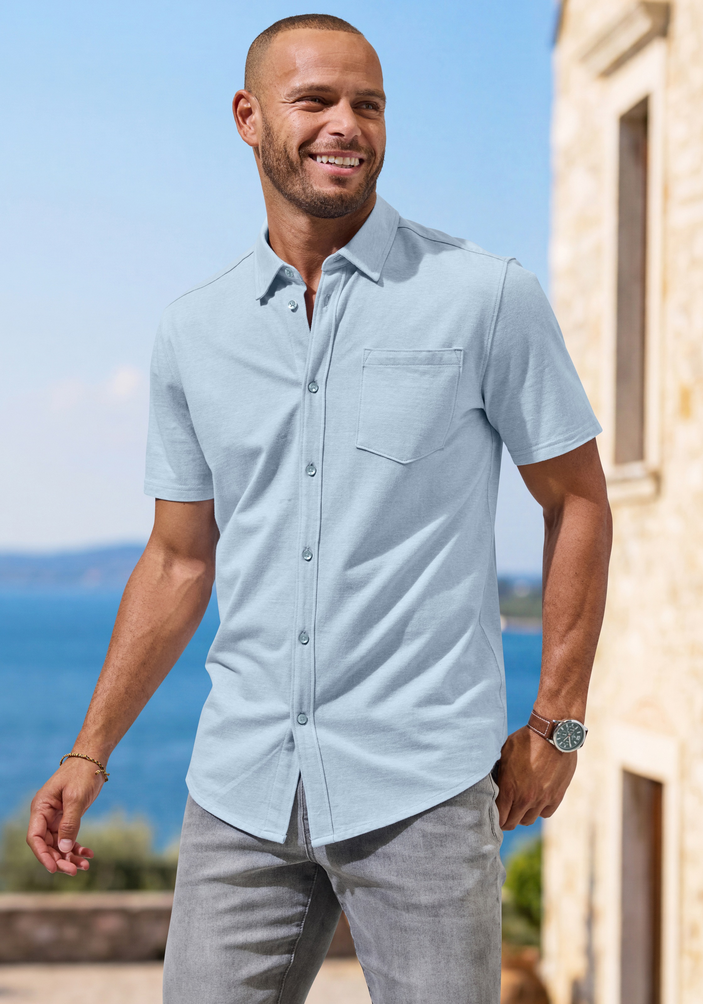 H.I.S "- leicht strukturiertes Piqué Hemd aus angenehmer Shirt-Qualität" klassischer Kragen, tonige Knöpfe, weiche Baumwoll-Pikee-Qualität