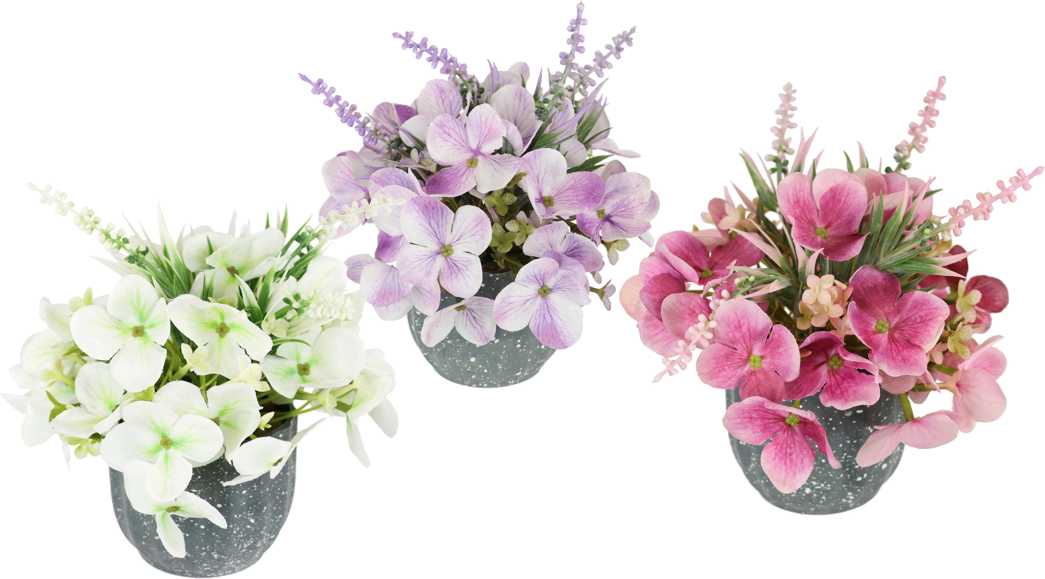 I.GE.A. Kunstblume "Kunstblumen-Arrangement Hortensien im Topf 3er Set" 17cm Kunstpflanze Deko künstliche Blumen Deko Pflanzen