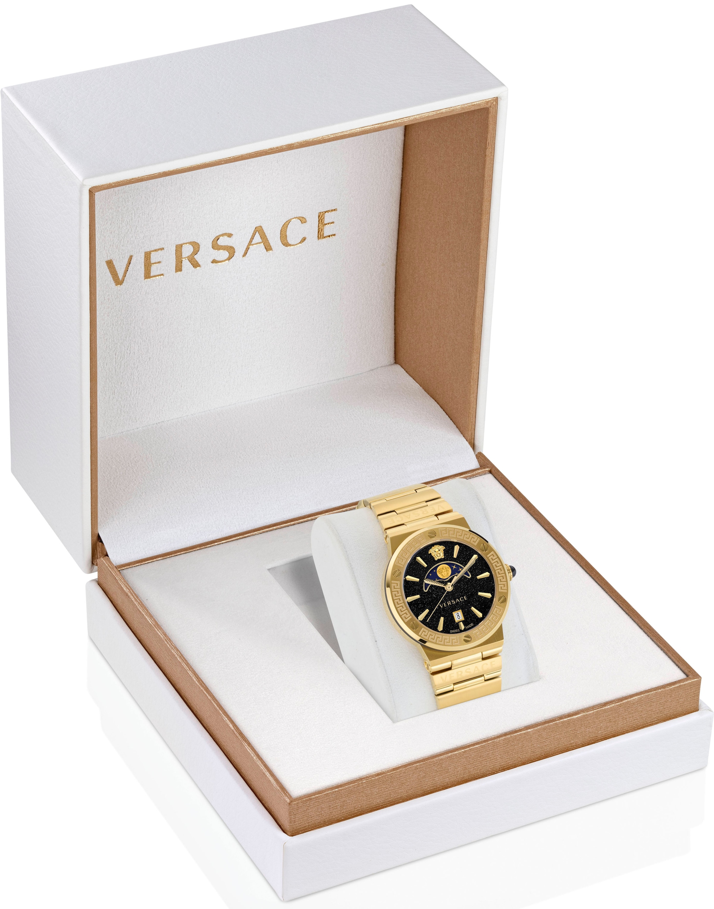 Versace Quarzuhr »GRECA LOGO MOONPHASE, VE7G00323«, Armbanduhr, Damenuhr, Saphirglas, Datum, Swiss Made, Mondphase