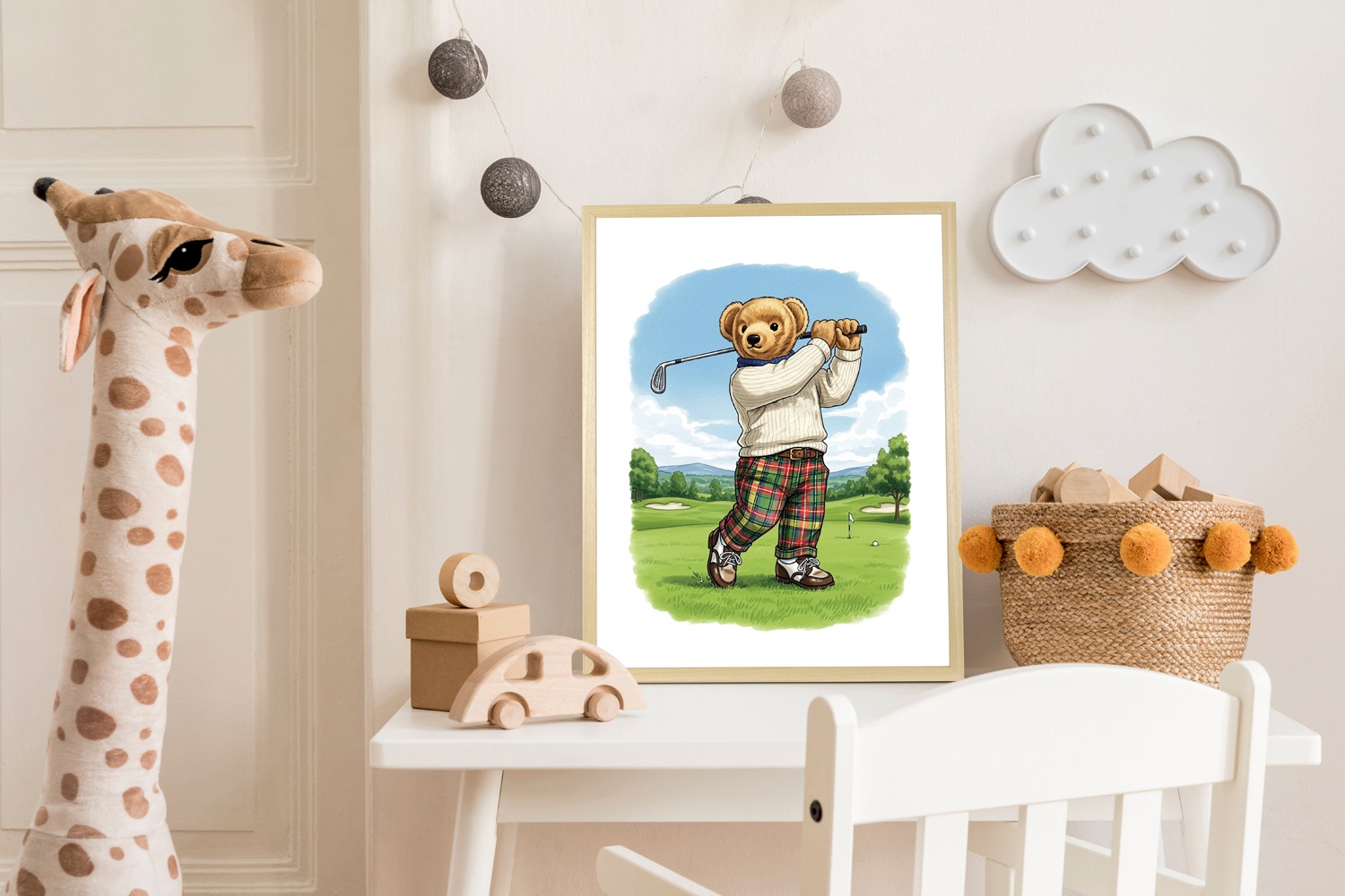 Bild mit Rahmen QUEENCE "Vintage Teddy Bär in Golf Club", farbe rahmen: beige, farbe bild(er): blau, B:50cm H:70cm T:1,5cm, Acrylglas, Holzrahmen, Bilder, HD Premium Poster-Druck inkl. Echtholzrahmen in beige 3