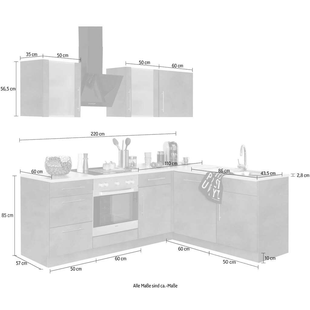 wiho Küchen Winkelküche »Cali«, mit E-Geräten, Stellbreite 220 x 170 cm