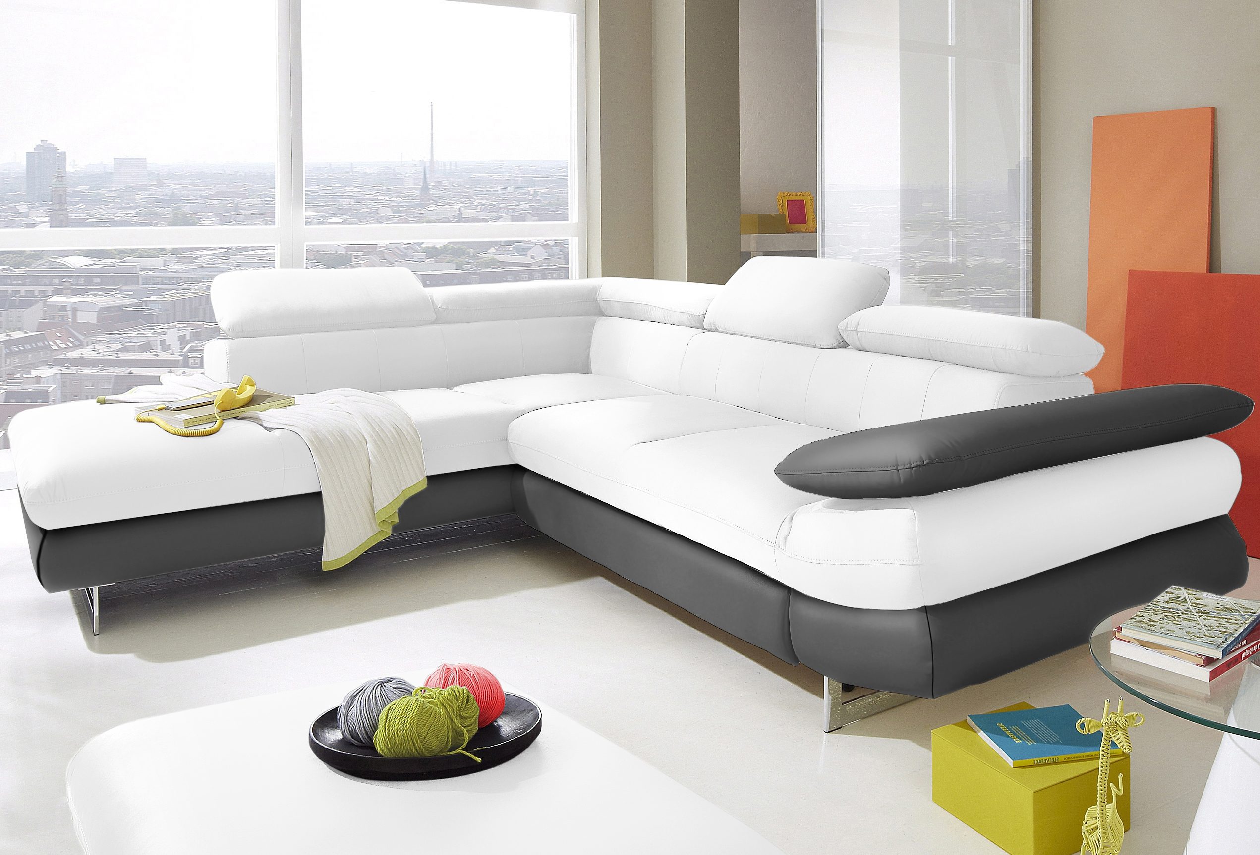 COTTA Ecksofa "Solution L-Form, Design Sofa, bequeme Wellenunterfederung, Design Fuß" mit Arm- & Kopfteilverstellung, wahlweise mit Schlaffunktion