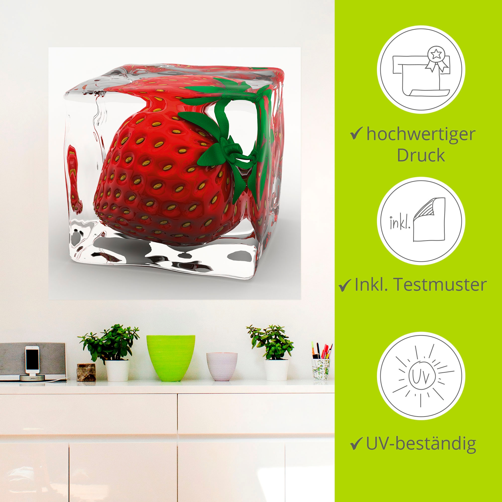 Artland Wandbild »Erdbeere in Eis«, Lebensmittel, (1 St.), als Leinwandbild, Wandaufkleber in verschied. Größen
