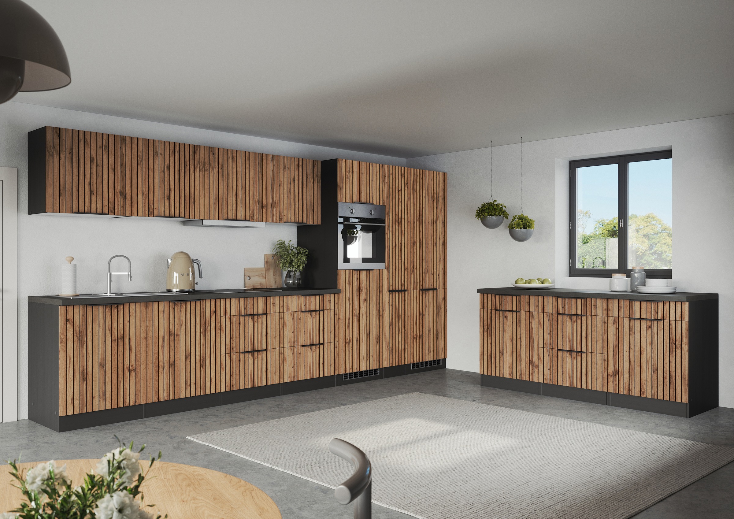 KOCHSTATION Küchenzeile »KS-Lagos, Breite 390 cm, wahlweise mit E-Geräten« Ceran-oder Induktionskochfeld, Spüle edelstahl oder schwarz