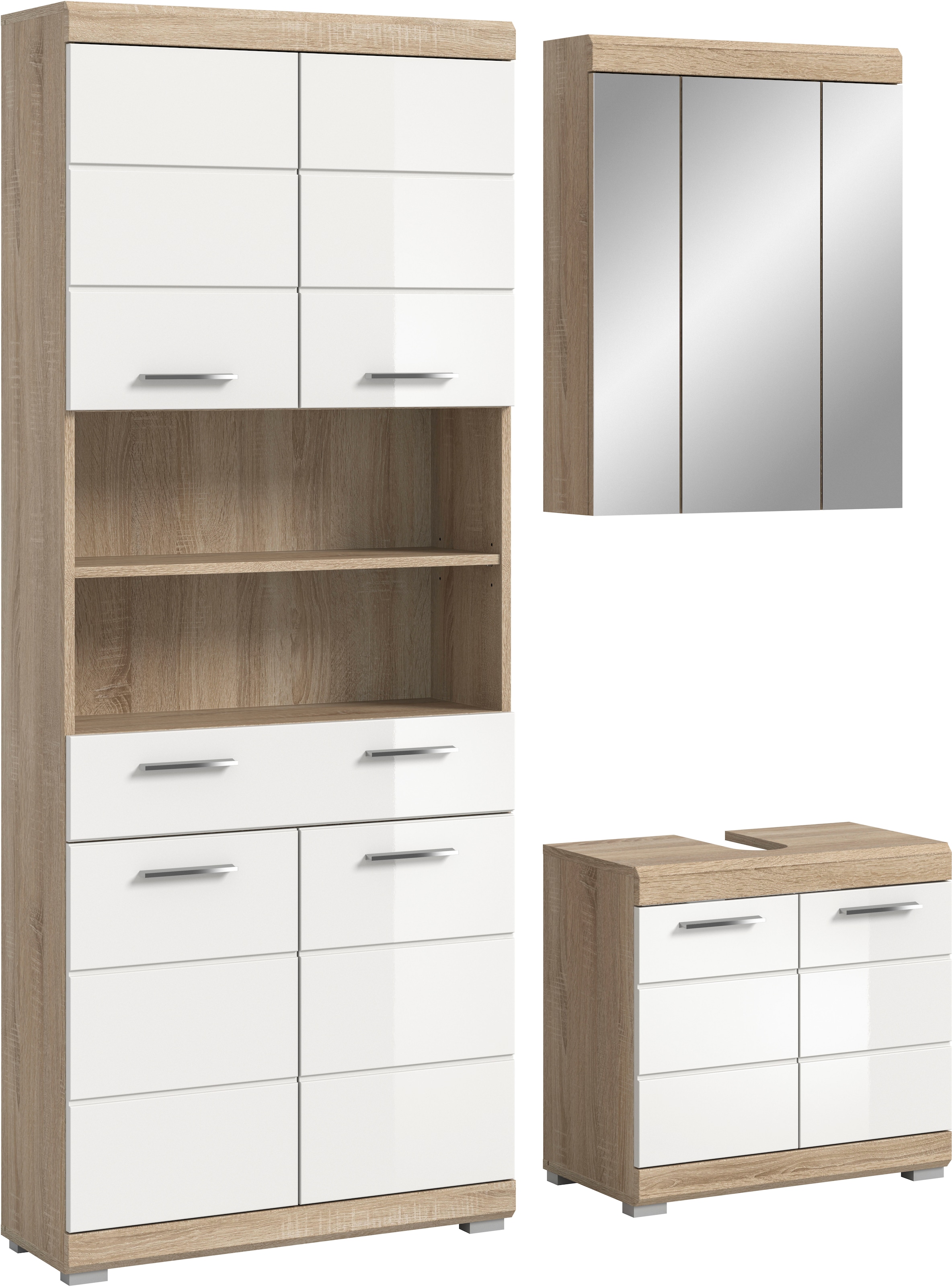 welltime Badmöbel-Set "SIENA, TOPSELLER, Breite 149cm, 3-teiliges Set" Set, bestehend aus: Hochschrank, Waschbeckenunterschrank & Spiegelschrank, 3 Stk. tlg.