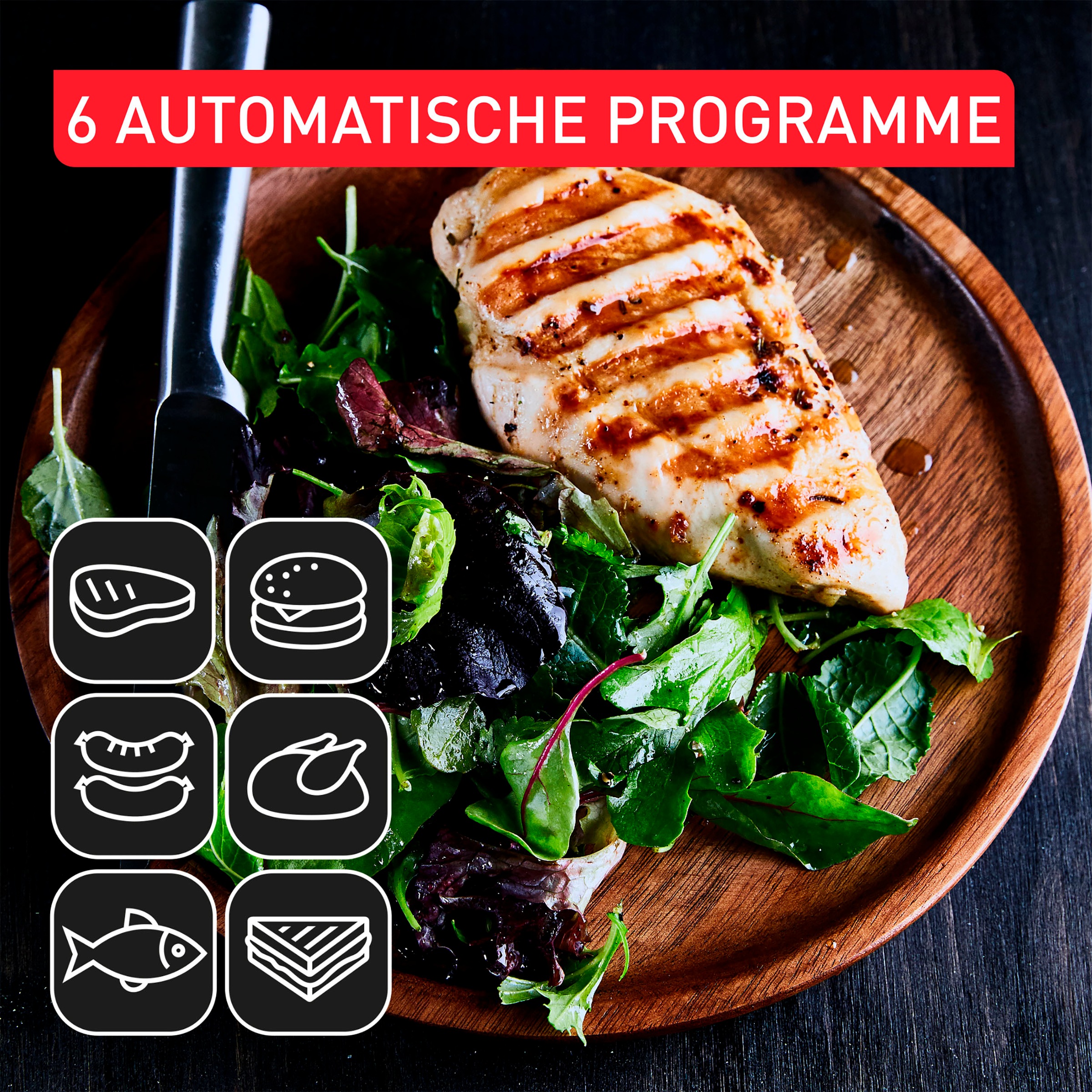 Tefal Kontaktgrill »GC717D OptiGrill+«, 2000 W, erneuerte Kochstufenanzeige, 6 Automatikprogramme, inkl. Rezeptbuch