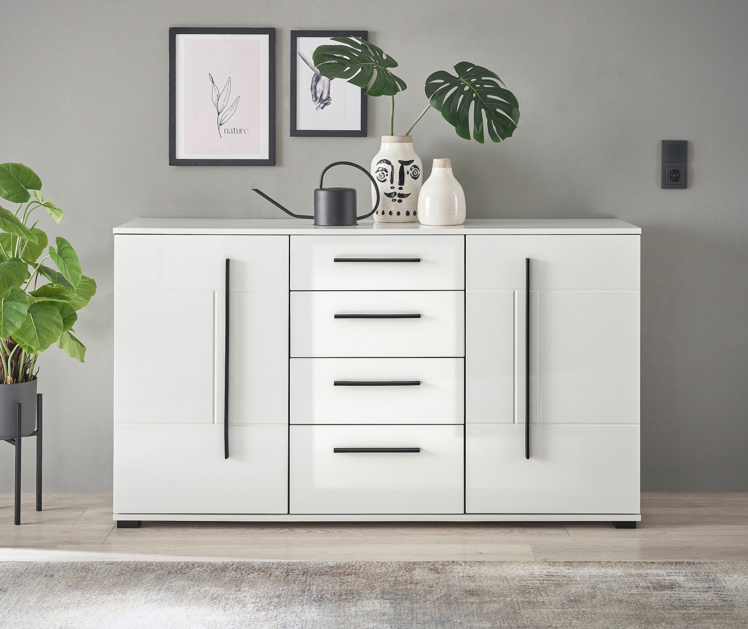 Home affaire Sideboard "Cantara, moderner Schrank, Kommode in Eiche Evoke, Weiß oder Kaschmir" schwarze Stangengriffe, ausreichend Stauraum, vielseitig einsetzbar
