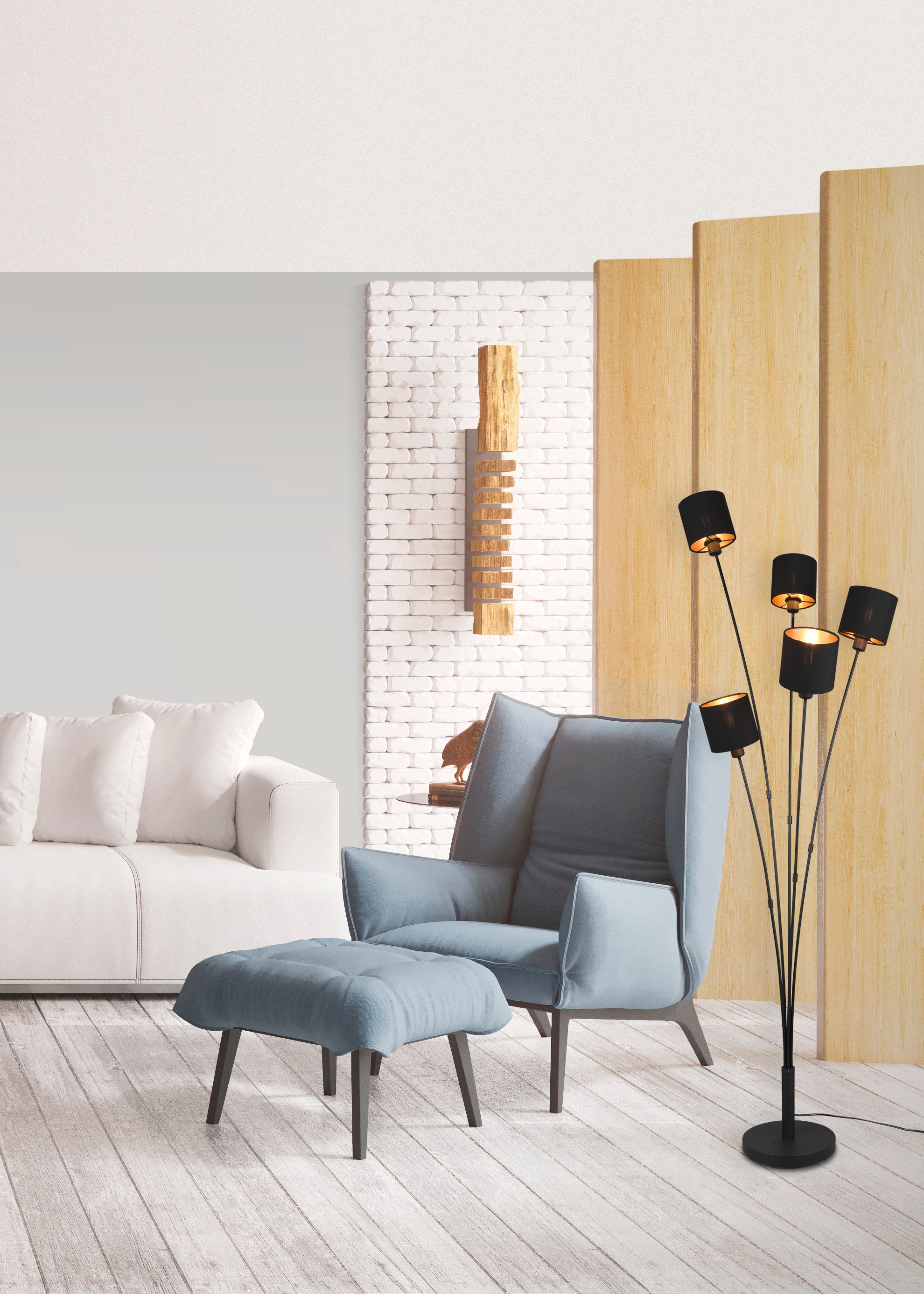 REALITY Leuchten Stehlampe »TOMMY, Stehleuchte 5-flammig, exkl 5x E14 max 40W mit Fussschalter«, 5 flammig, Leuchtmittel E14 | Leuchtmittel wechselbar, Stehlampe Wohnzimmer mit Stoffschirmen in modernem schwarz-gold