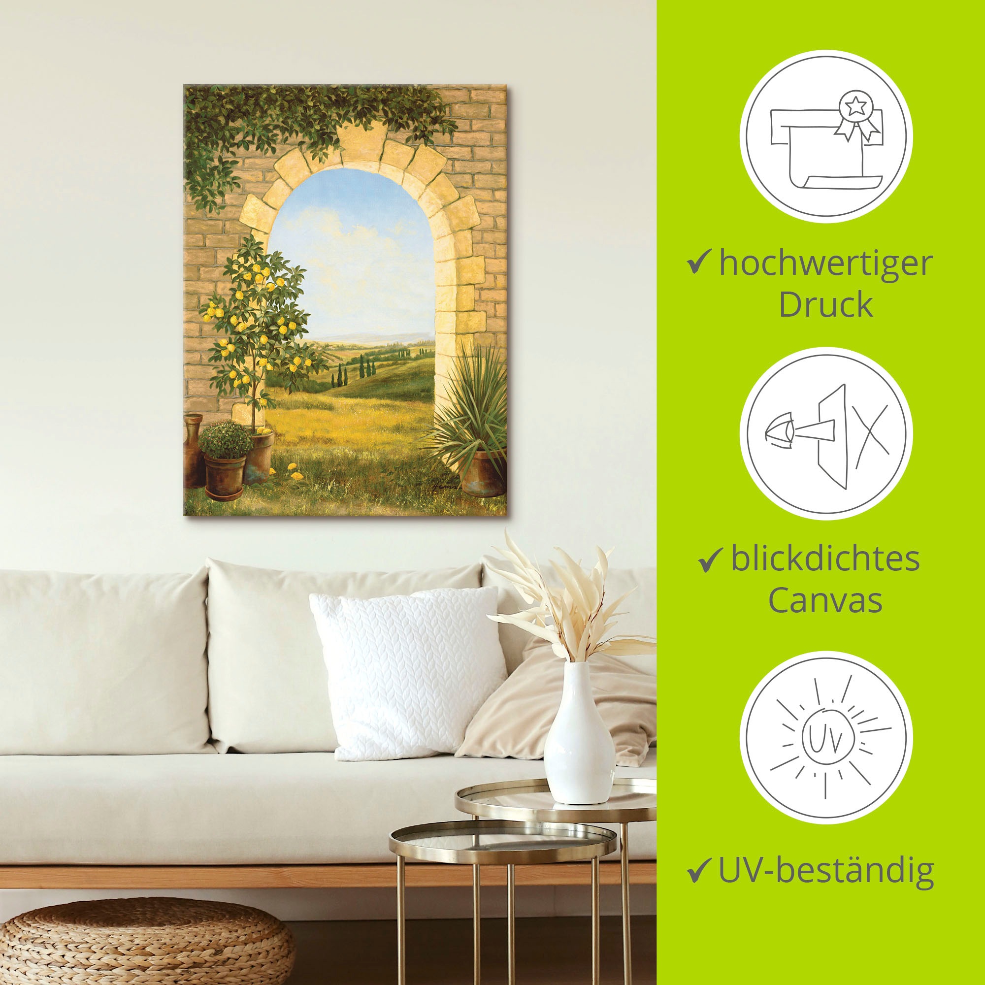 Artland Wandbild »Zitronenbaum vorm Torbogen II«, Fensterblick, (1 St.), als Alubild, Outdoorbild, Leinwandbild, Poster in verschied. Größen