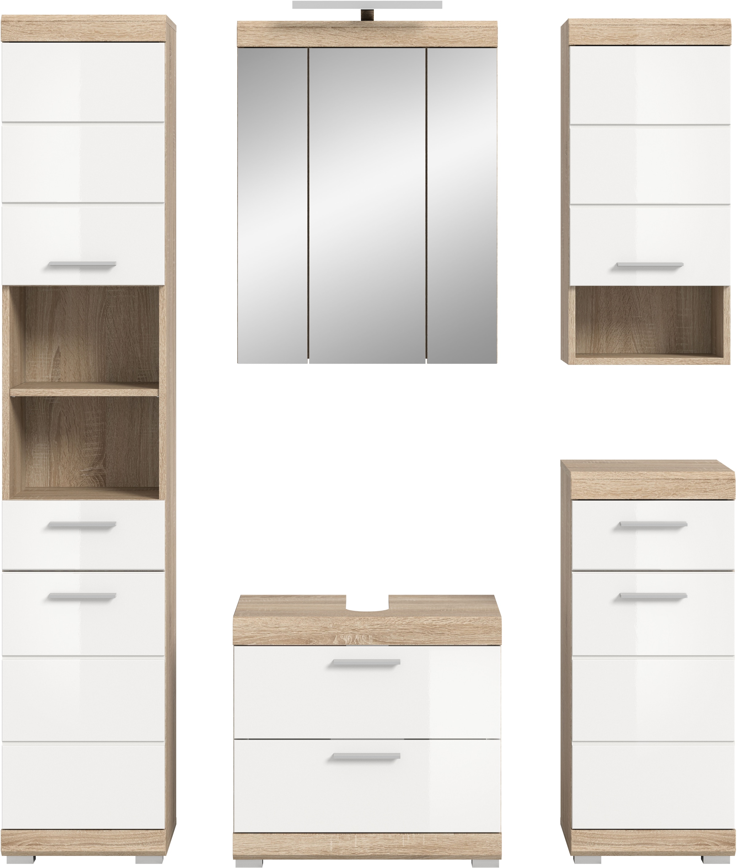 INOSIGN Badmöbel-Set »Siena, 5 teilig, inklusive LED Beleuchtung, bestehend aus:«, (Set), Hochschrank, WBU, Spiegelschrank, Unterschrank, Hängeschrank