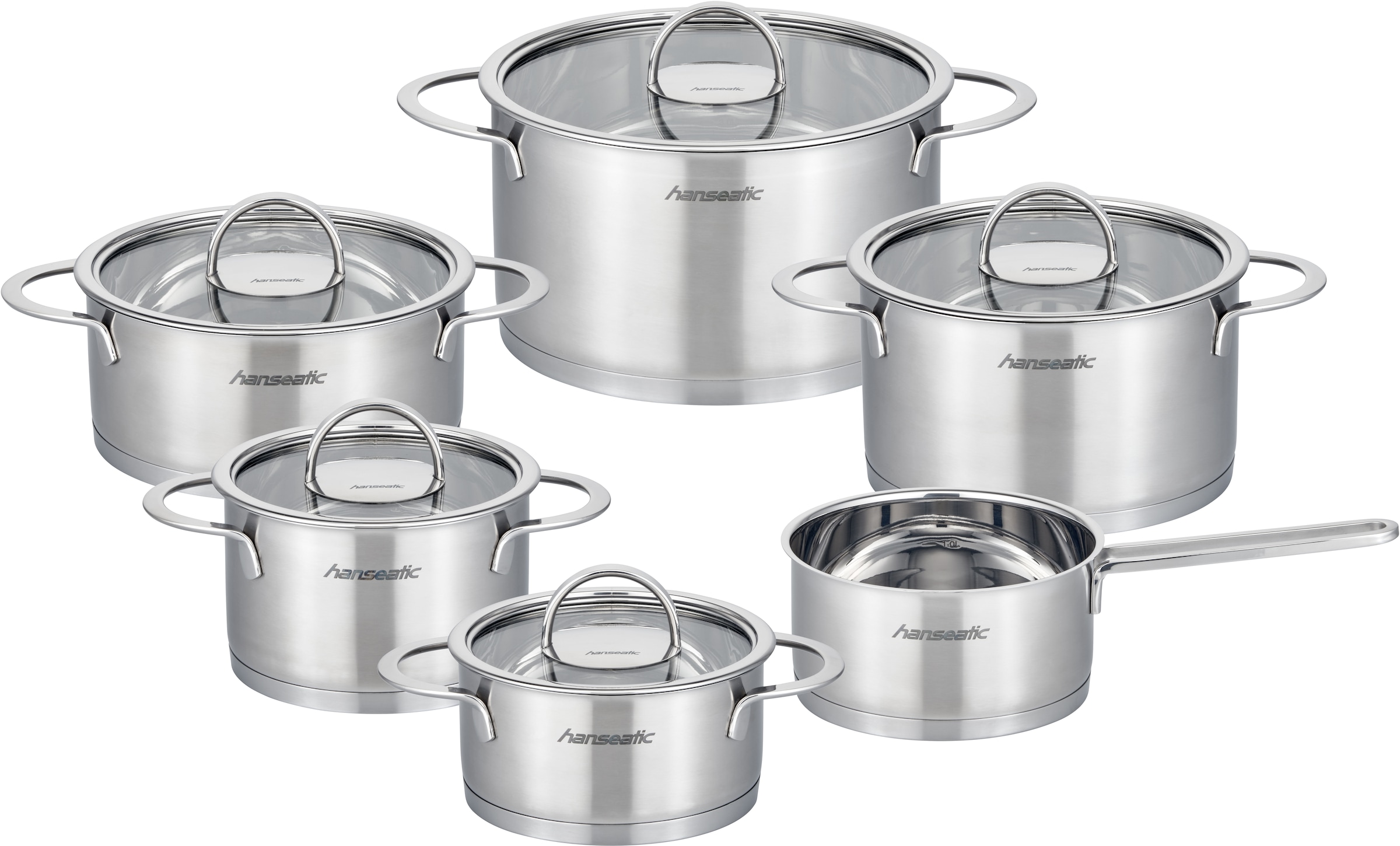 Hanseatic Topf-Set »hanseatic«, Edelstahl 18/10, (Set, 11 tlg., Fleischtopf 16/20/24 cm, Bratentopf 16/20 cm, Stielkasserolle 16 cm), handfreundliche Kaltmetallgriffe, Literskala, Glasdeckel, Induktion