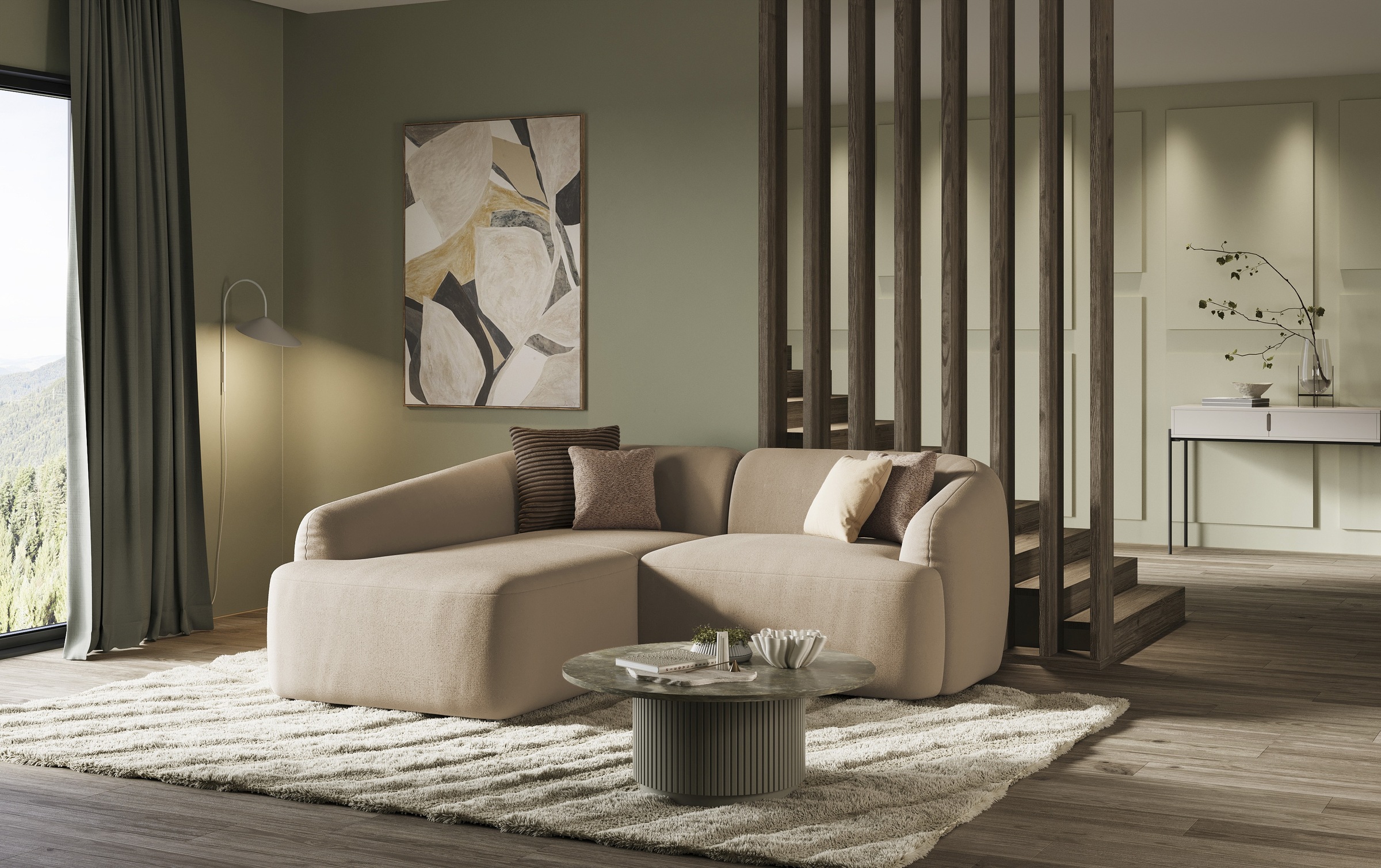 INOSIGN Ecksofa »Nergal, kompakte Stellmaße, Breite 216cm, organisches Design, L-Form«, Modernes Design, schlichte Optik, stilvoller Blickfang im Wohnzimmer