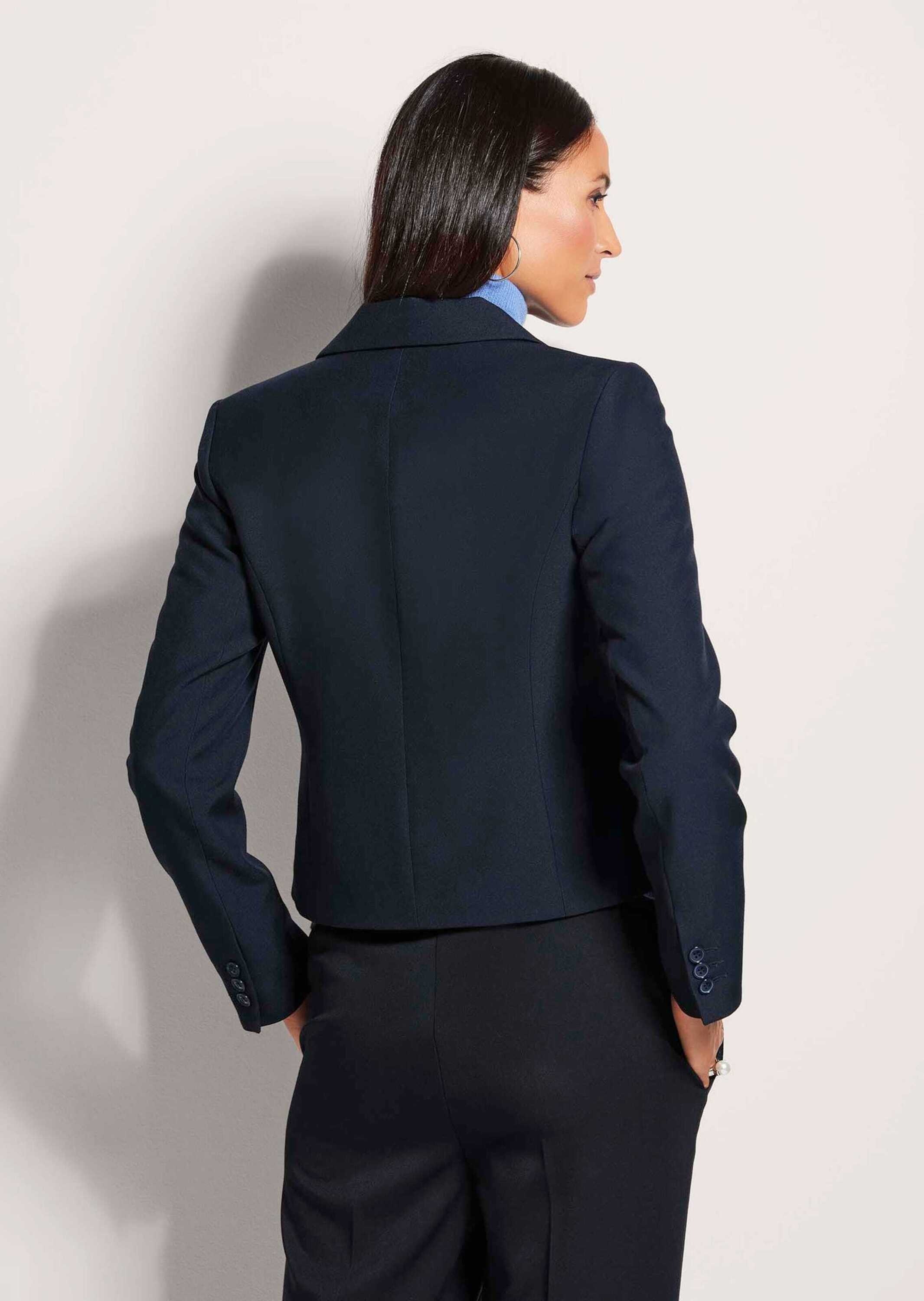 Kurzblazer MADELEINE "Blazer Kurzblazer in Jeans-Optik", Damen, Gr. 38, blau (jeansblau), Obermaterial: 78% Polyester PES. 18% Viskose CV. 4% Elasthan EL., Modern, normal, Blazer Kurzblazer 3