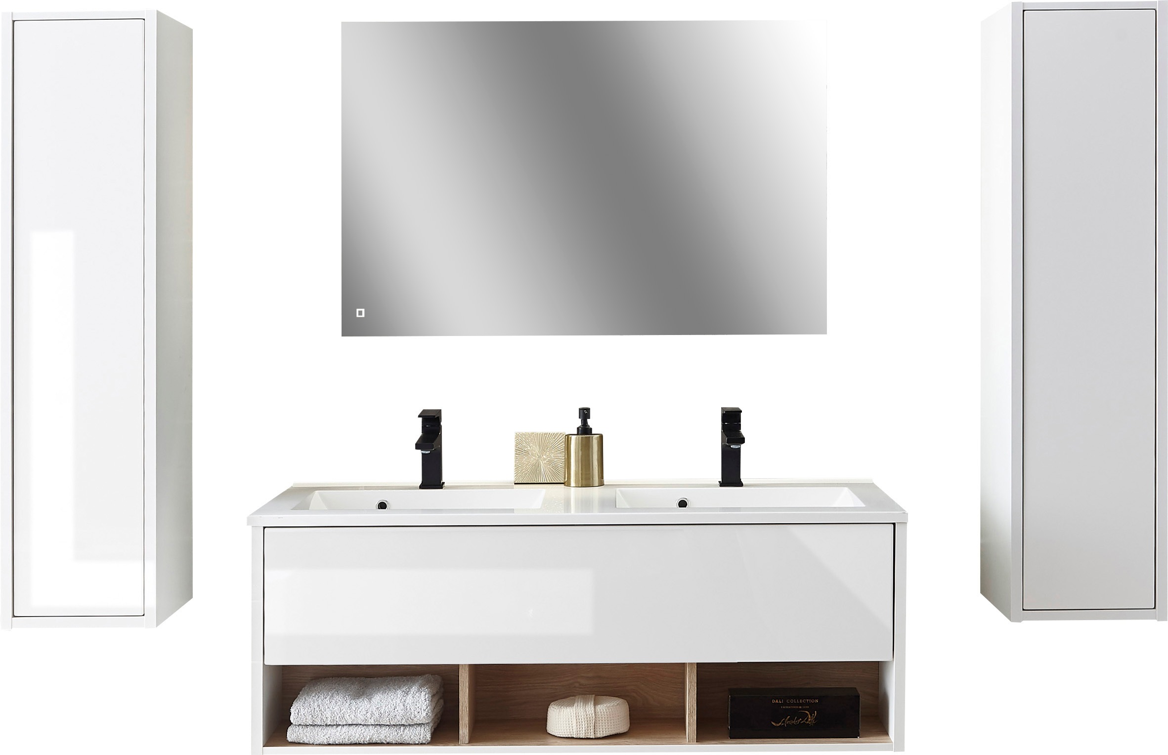 Places of Style Badmöbel-Set »Studio Line, Bad im modernen Design, 4-teiliges Badezimmer«, (4 St.), Schrank, Waschtisch und Spiegel, in zwei Farben verfügbar, Stauraum