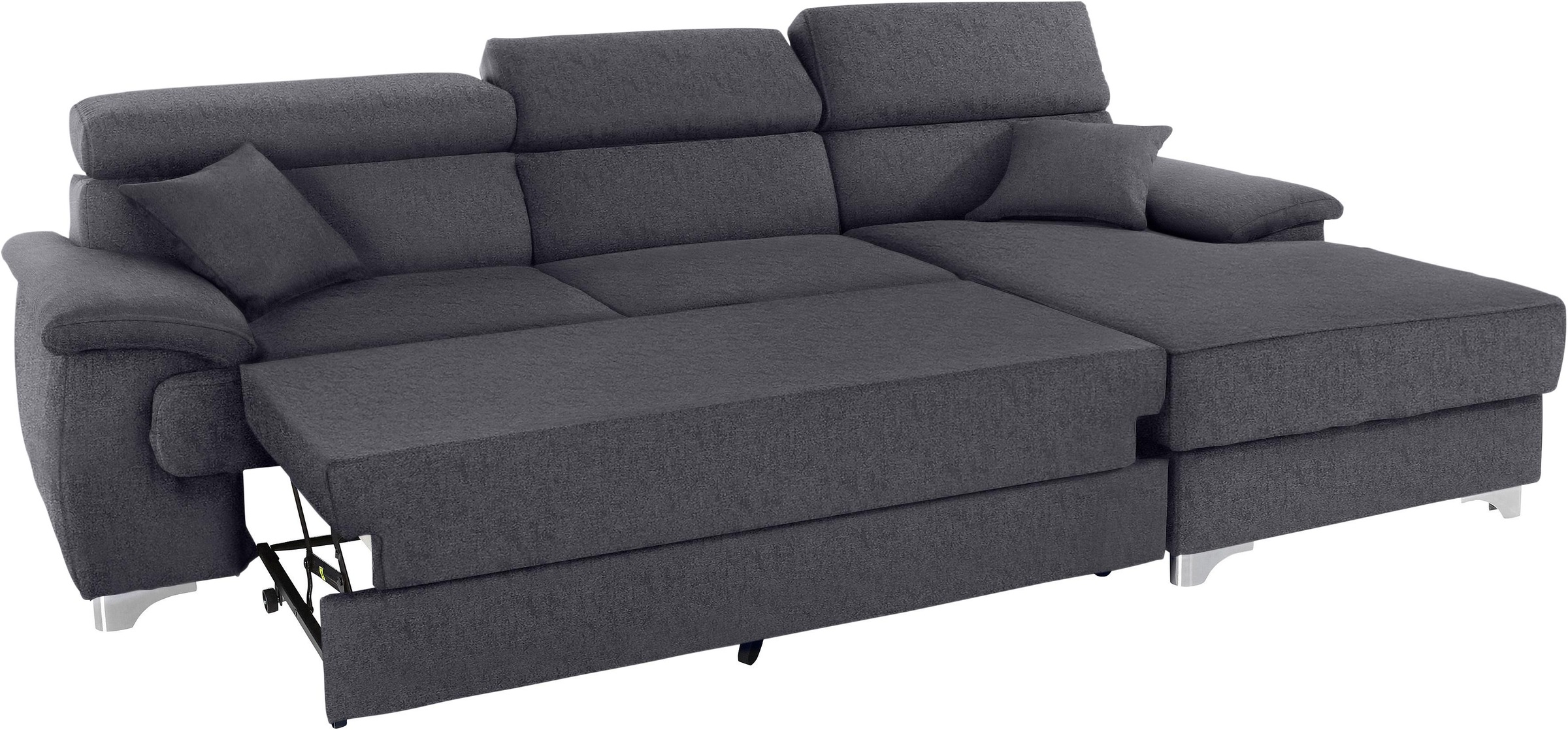 Ecksofa DOMO COLLECTION "Mira, inklusive Kopfteilverstellung für mehr Wohlfühlkomfort, L-Form", grau (dunkelgrau), B:271cm H:78cm T:167cm, Zierkissen: Entsprechend jeweiligem Bezug.;Struktur (100% Polyester);Struktur fein (100% Polyester);Luxus-Microfaser 8