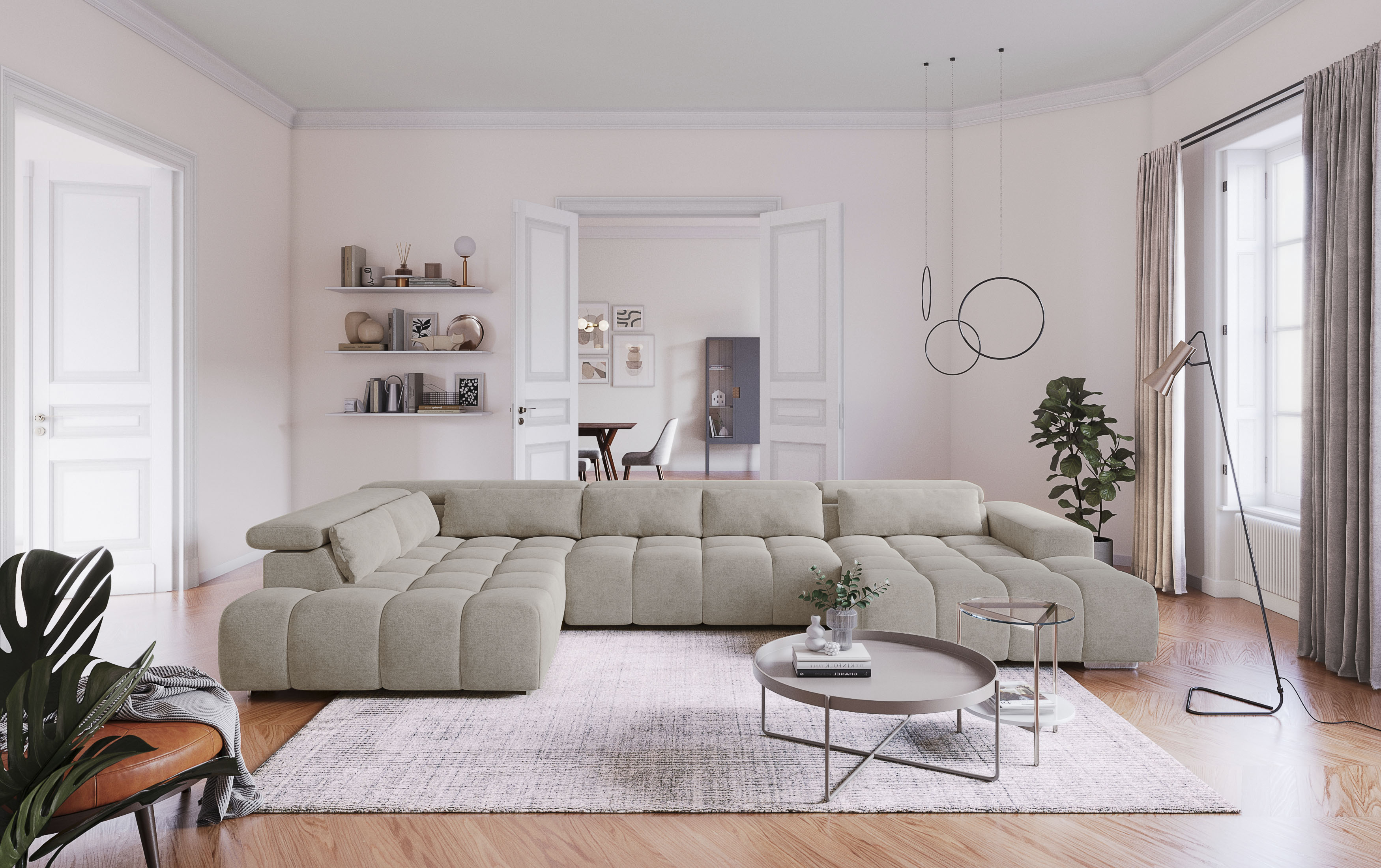 COTTA Wohnlandschaft "Orion U-Form XXL, B: 409 cm, bequeme Wellenunterfederung, top modern" mit Kopfteilverstellung & 6 Nierenkissen