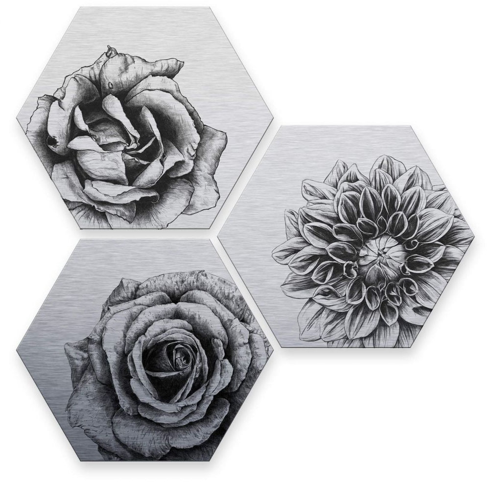 Wall-Art Mehrteilige Bilder »Silbereffekt Blumen Set«, (Set, 3 St.), Metallschild Collage