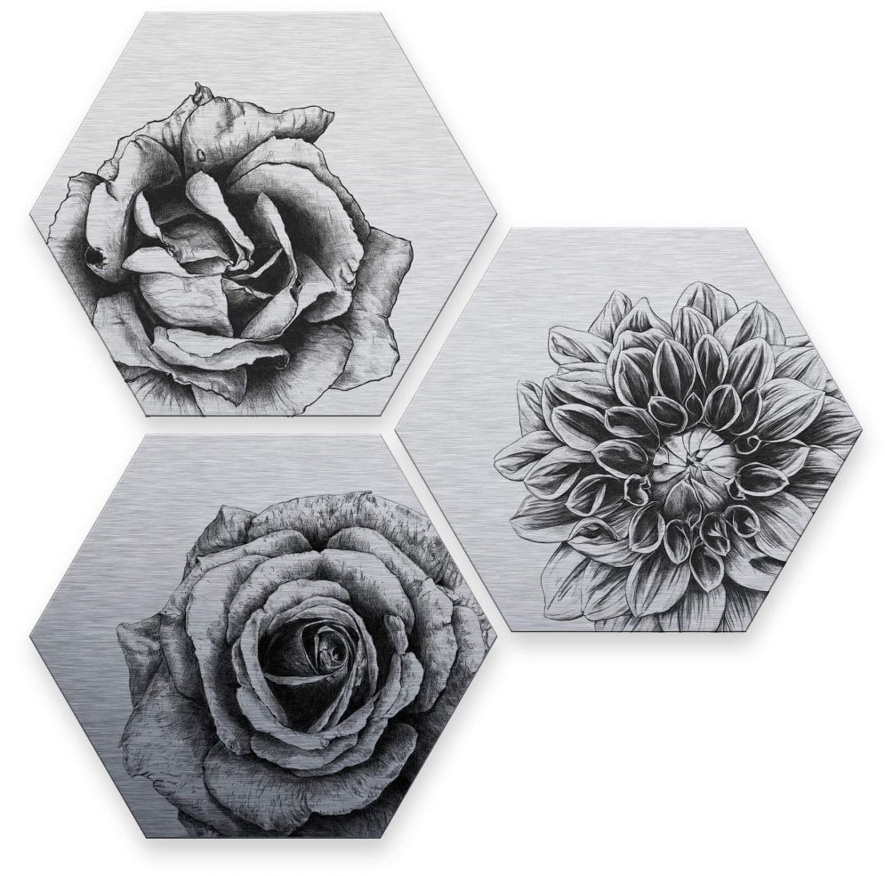 Wall-Art Mehrteilige Bilder "Silbereffekt Blumen Set", (Set, 3 St.), Metallschild Collage