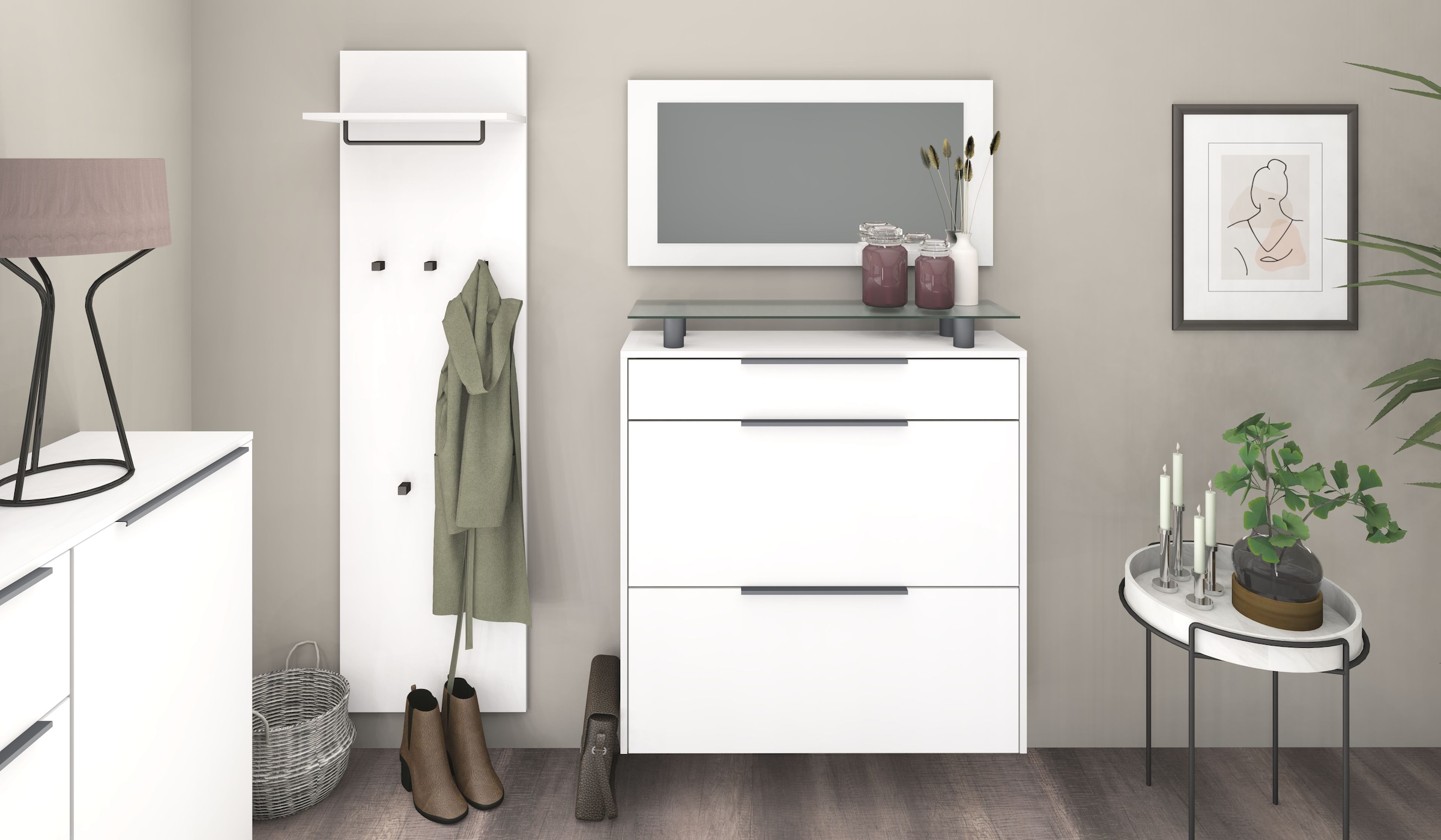 Garderoben-Set BORCHARDT MÖBEL, weiß, Flur, Kastenmöbel-Sets, "Tom", Schuhschrank hängend