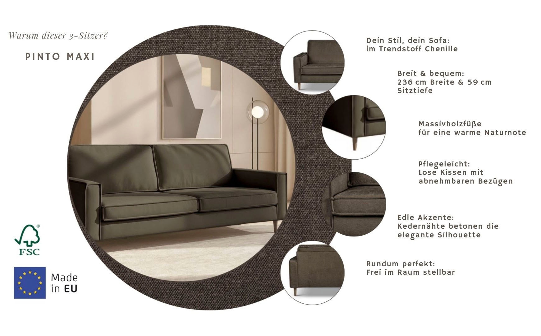 Home affaire 3-Sitzer »Pinto Skandi,Maxi-Ausführung, 236 cm, Chenille, Struktur« mit Keder, Massivholzfüße Eiche geräuchert, Wellenunterfederung