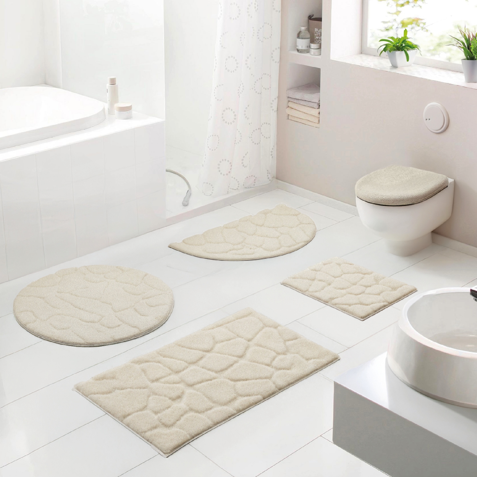 Badematte GRUND, H:20mm, beige, Polyester, Badematten, "Ashtar, Badvorleger, Badezimmer Teppich, 3D-Design", Hoch-Tief-Design mit organischer