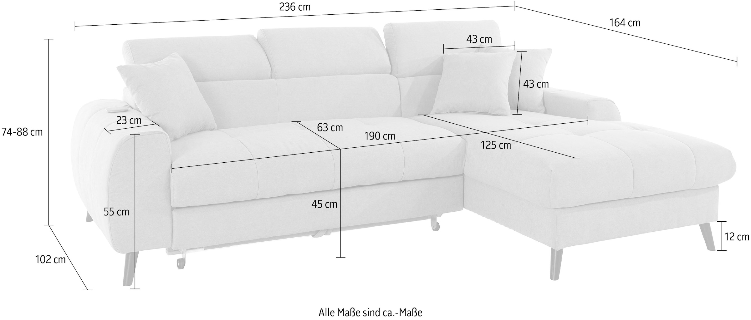 COTTA Ecksofa »Mia L-Form«, 3-tlg.-Kissen-Set, Recamiere, wahlweise mit oder ohne RGB-Beleuchtung