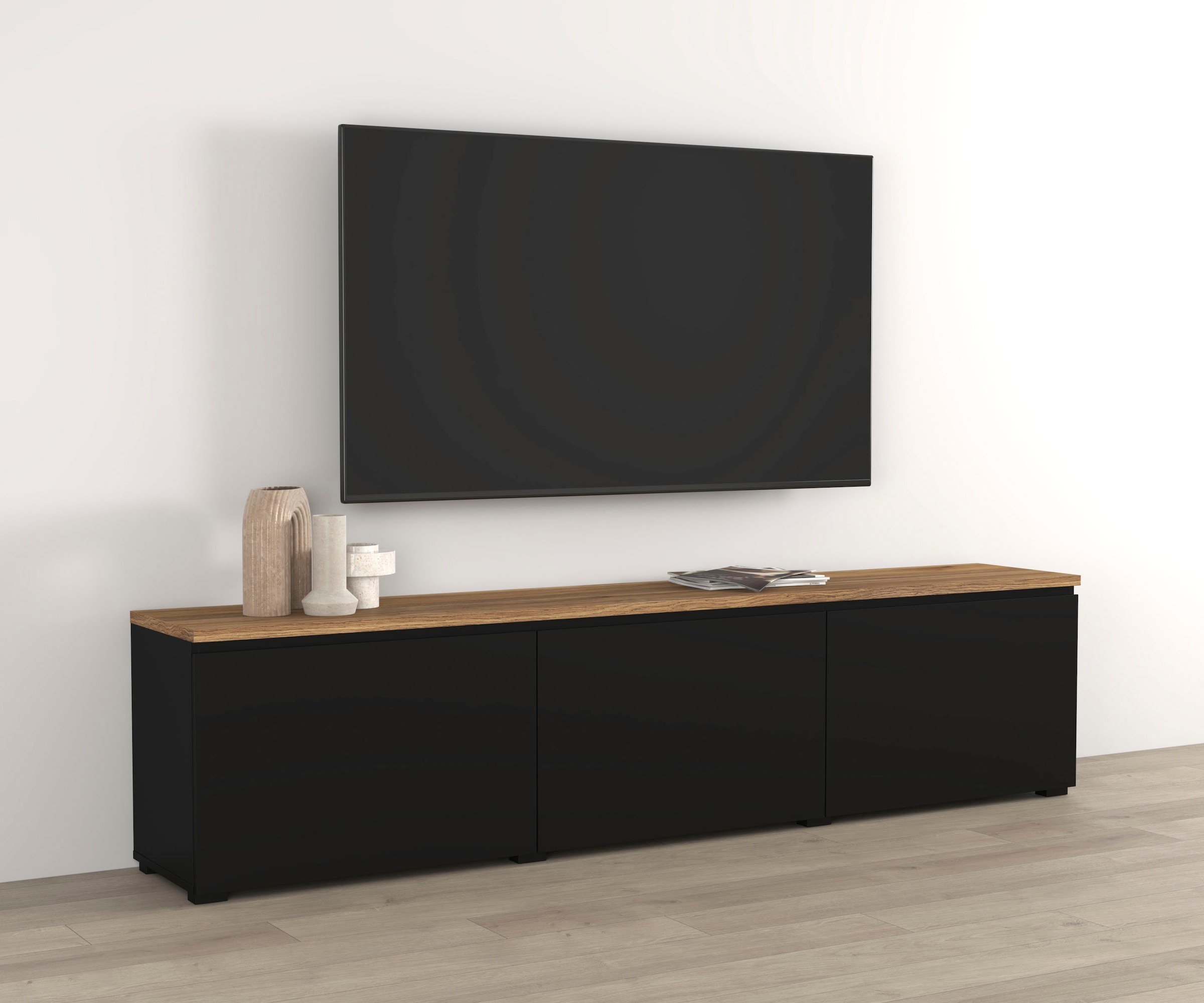 OTTO home Lowboard »Modo, Breite 200 cm, moderne grifflose TV-Kommode 3 Klappen« TV-Kommode mit viel Stauraum, TV-Bank