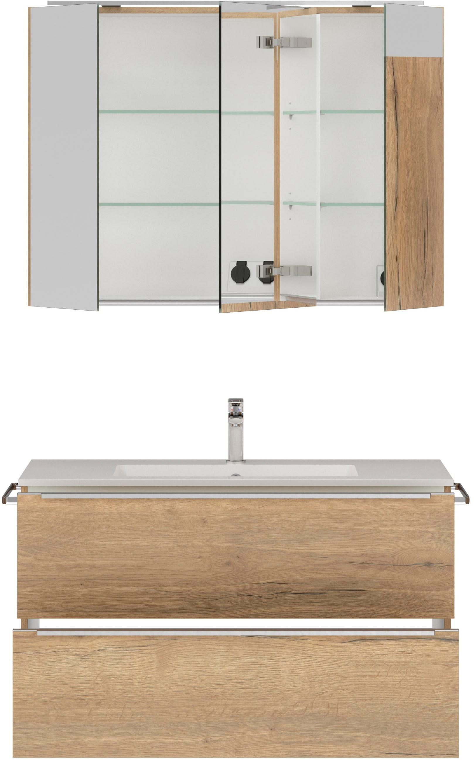nobilia® Badmöbel-Set »Levere«, (2 St., vormontiert, mit Soft-Close), inkl. Spiegelschrank mit Beleuchtung und Dimmerfunktion, in 4 Breiten