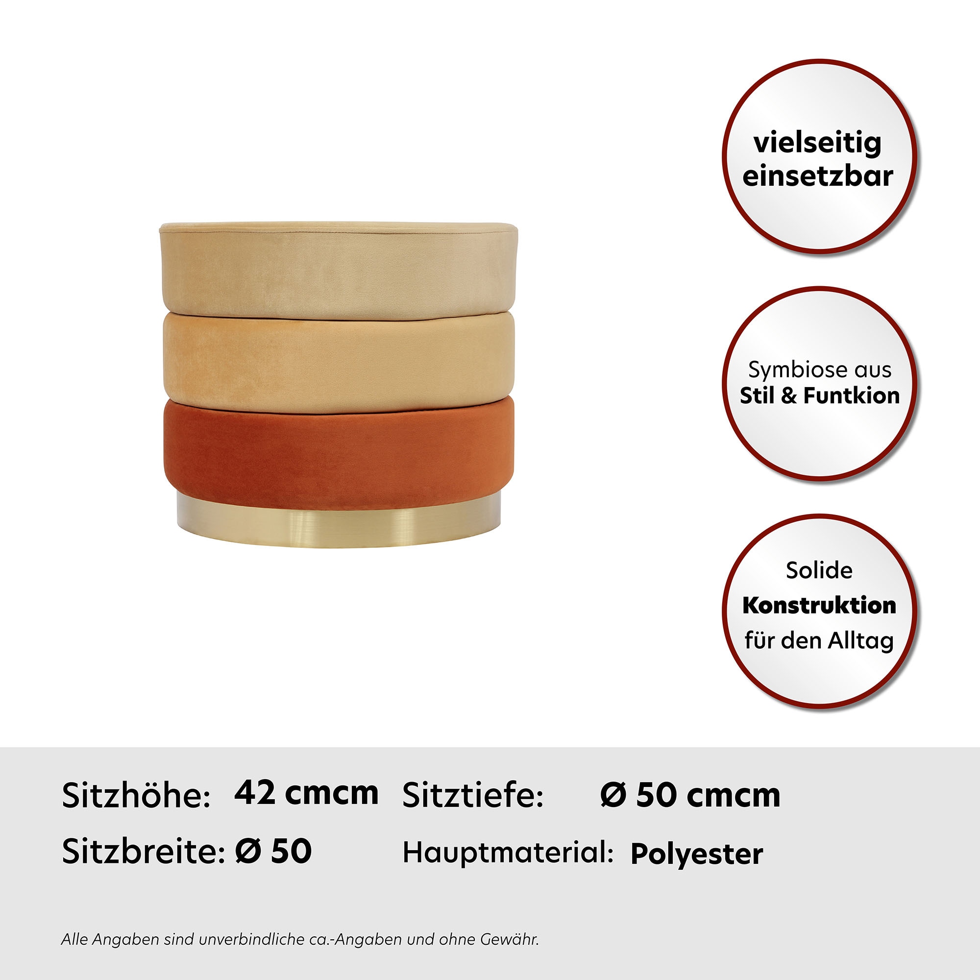 Kayoom Polsterhocker »Hocker Matilda 325, Edler Touch durch goldenen Sockel«, (1 St.), Samtbezug, farbig geschichtete Polsterung, goldener Sockel