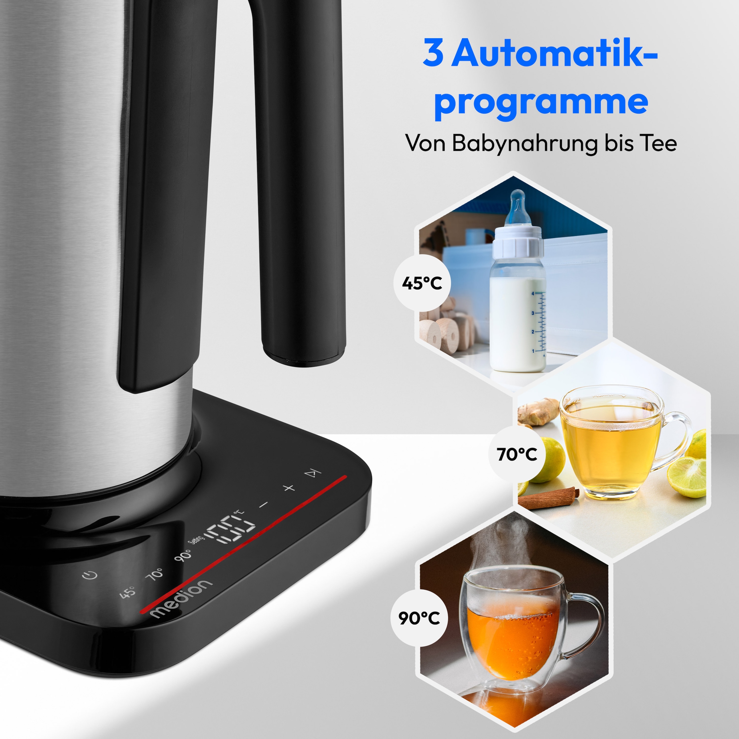 Medion® Wasserkocher »MD12106« 1,5 l 2200 W 2.200 W, 1,5 L, LED-Display, Sensor-Touch Bedienung, Kindersicherung