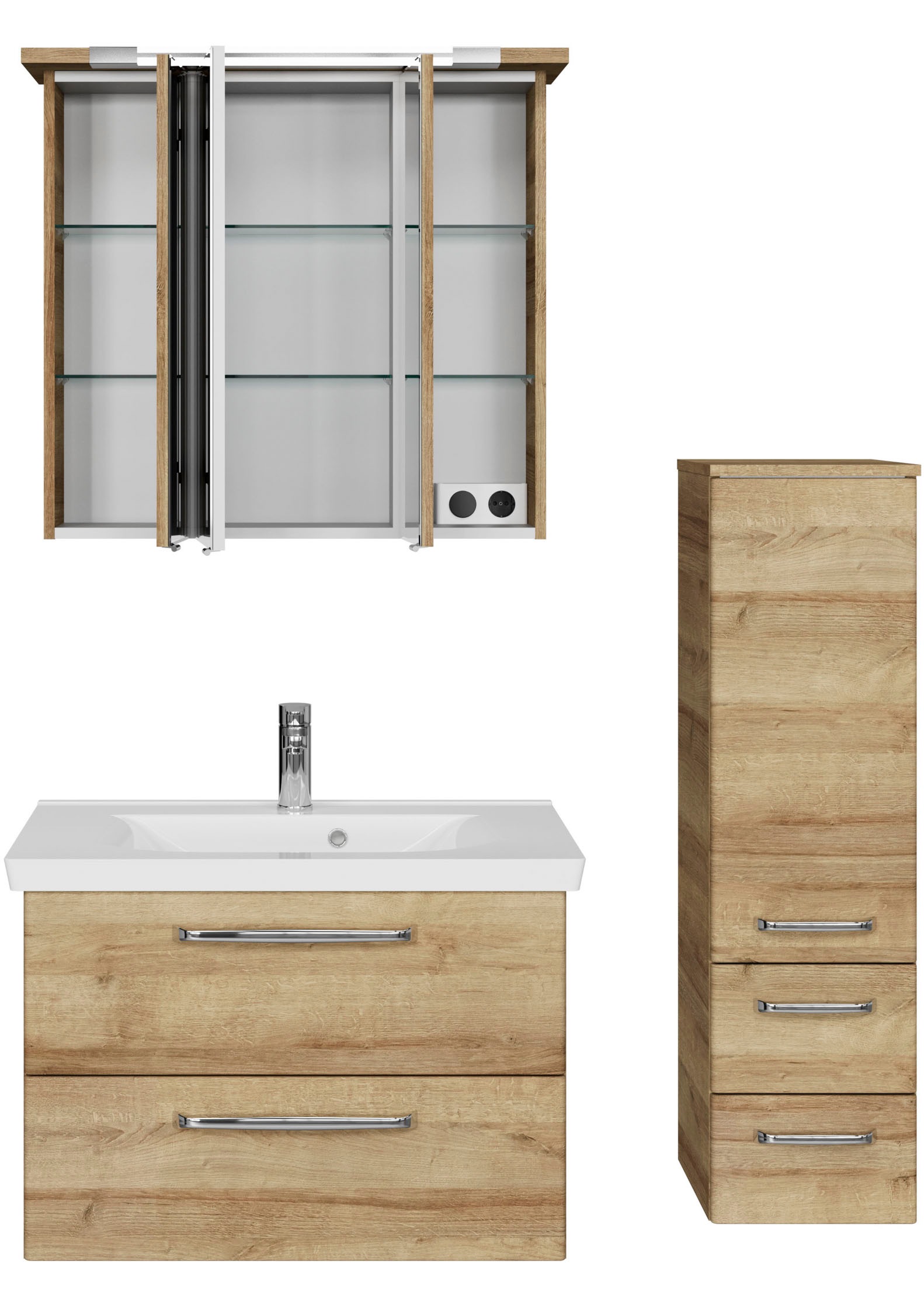 Saphir Badmöbel-Set »Badmöbel-Set Trentino 3-tlg Mineralmarmorwaschtisch,LED-Spiegelschrank«, (4 St.), Badezimmer-Set mit Midischrank inkl. Türdämpfer