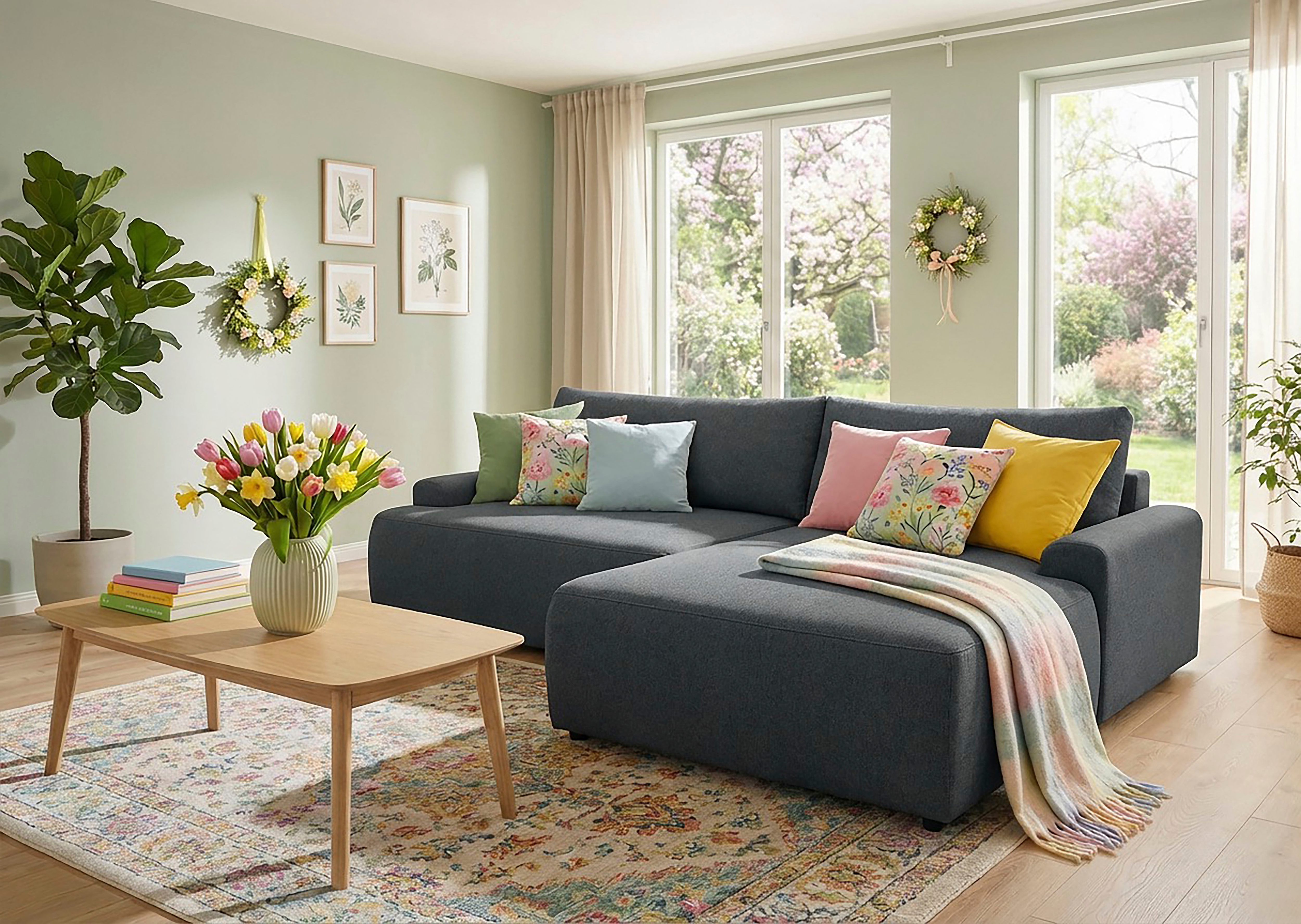 TRENDMANUFAKTUR Ecksofa "Prag, Schlafsofa mit Bettkasten, Couch in L-Form, Breite 253 cm" in feinem Strukturstoff, anthrazit, Recamiere rechts