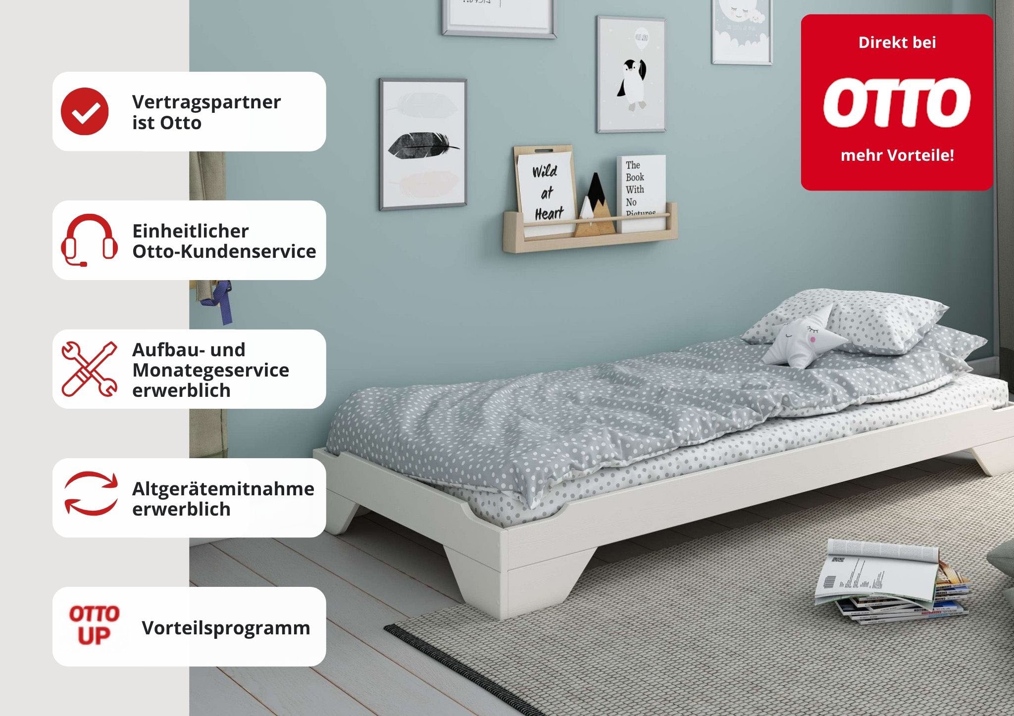 OTTO home Massivholzbett »Melwine – Stapelbett aus massiver Kiefer, platzsparend & flexibel« in 2 Ausführungen- als Einzelbett oder Set aus 2 Betten, 2 tlg. Mit Lattenrost, ideal als Gästebett, FSC® zertifiziert, Made in Europe