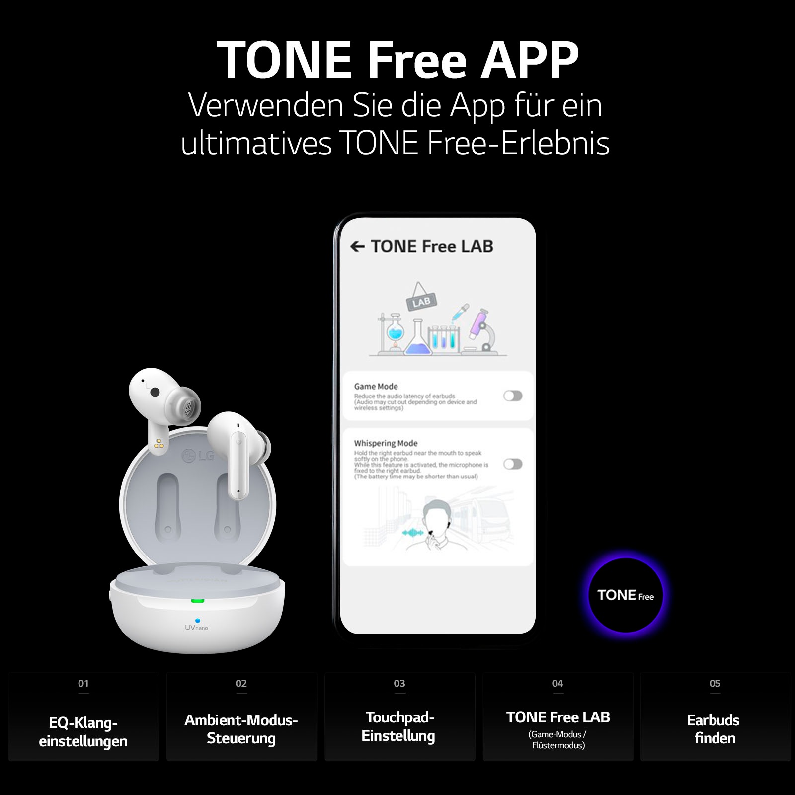 LG In-Ear-Kopfhörer »TONE Free DFP8«, Bluetooth, Active Noise Cancelling (ANC)-True Wireless, MERIDIAN-Sound