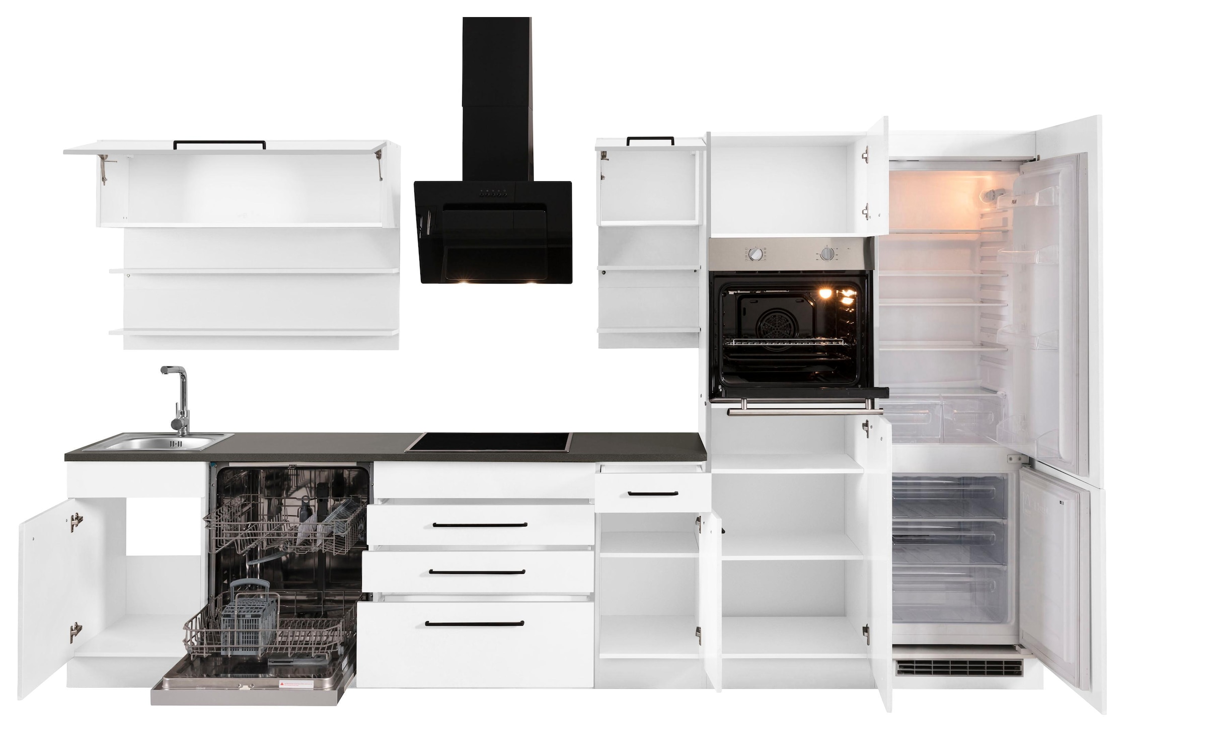 KOCHSTATION Küchenzeile »KS-Tulsa«, ohne E-Geräte, Breite 350 cm, schwarze Metallgriffe, MDF Fronten